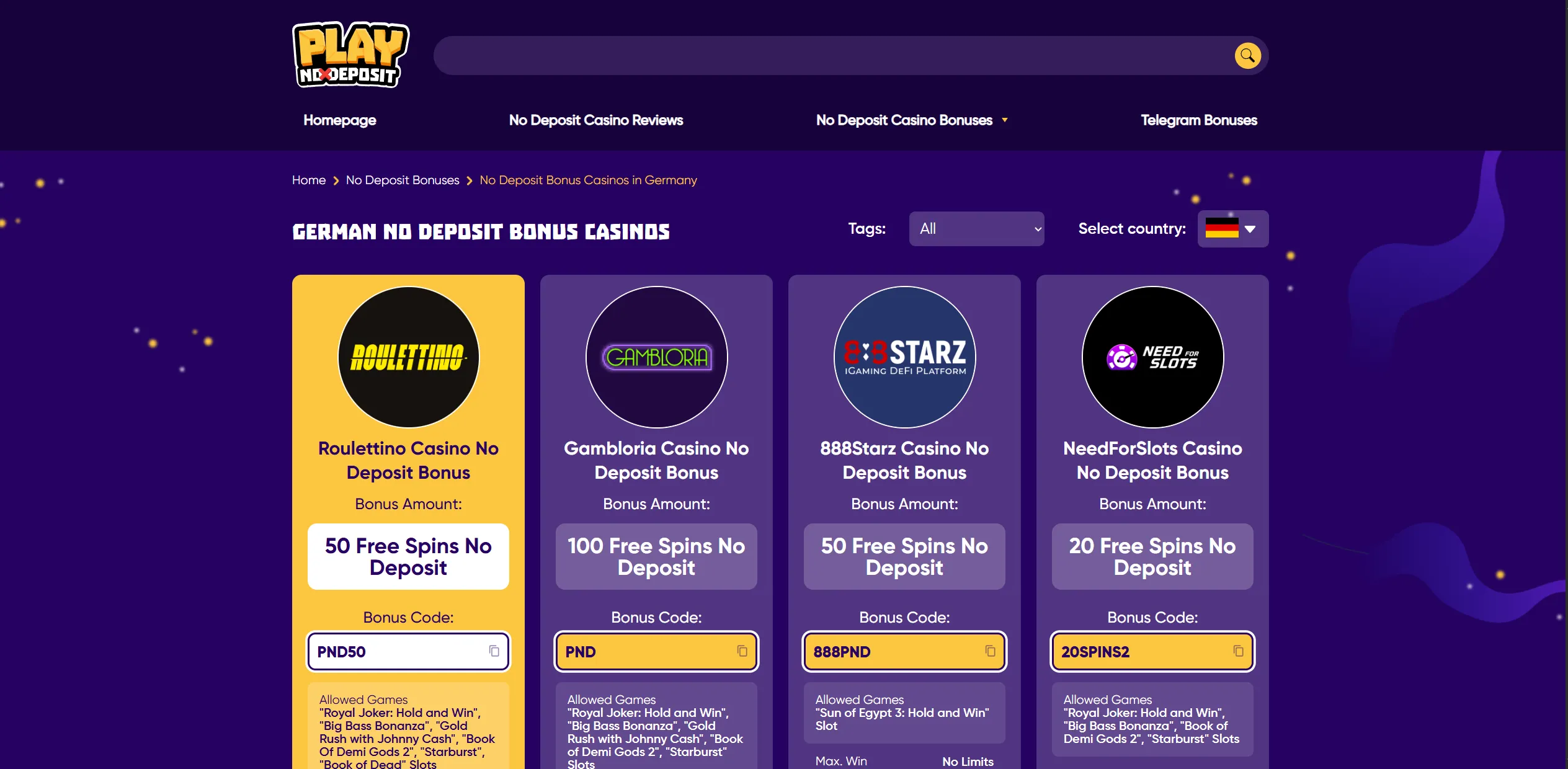 Screenshot of Playnodeposit.com – Top No Deposit Bonus Casinos in Germany | PlayNoDeposit