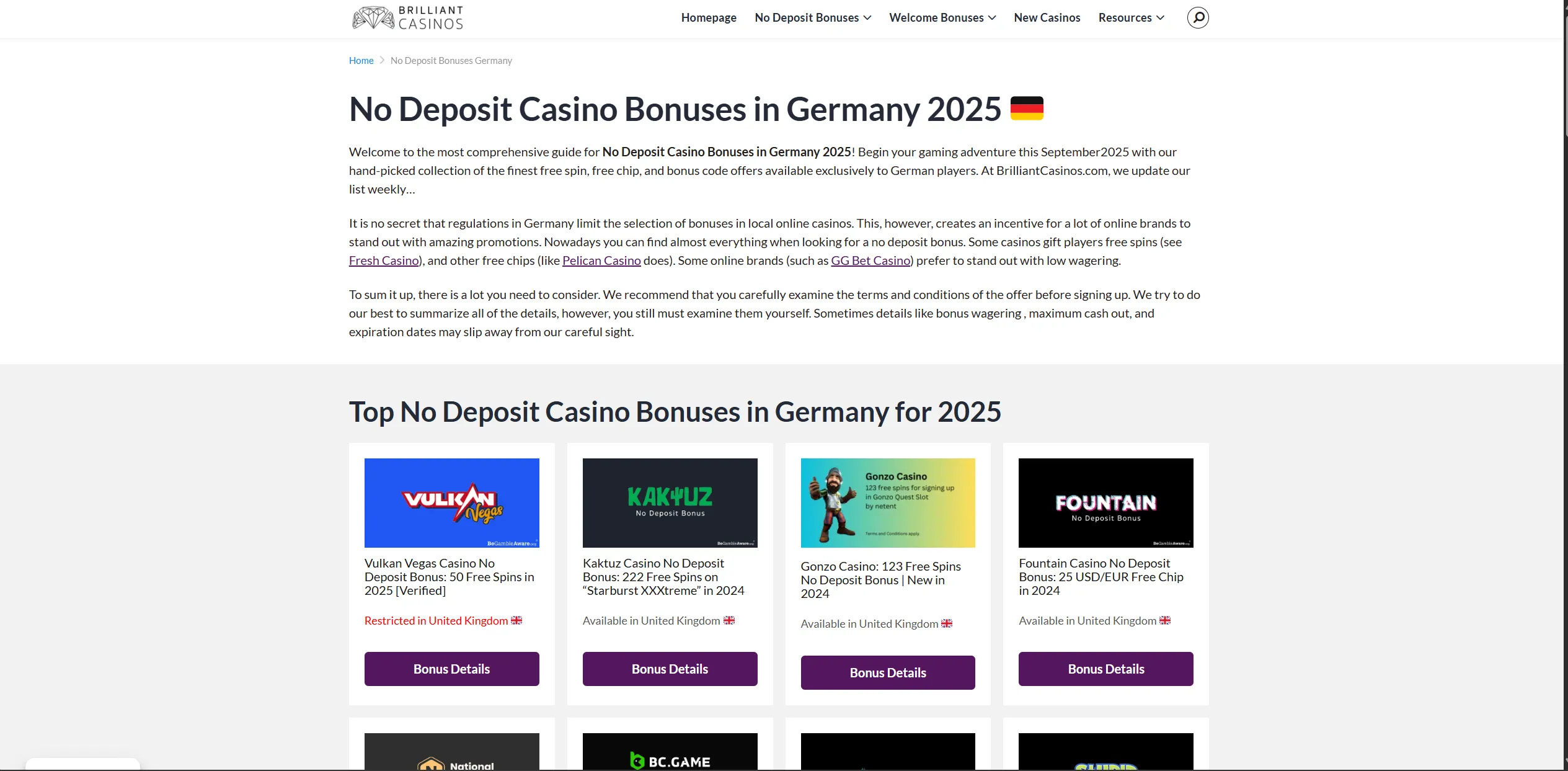 Screenshot of Brilliantcasinos.com – No Deposit Bonuses Germany | Working Bonus Codes