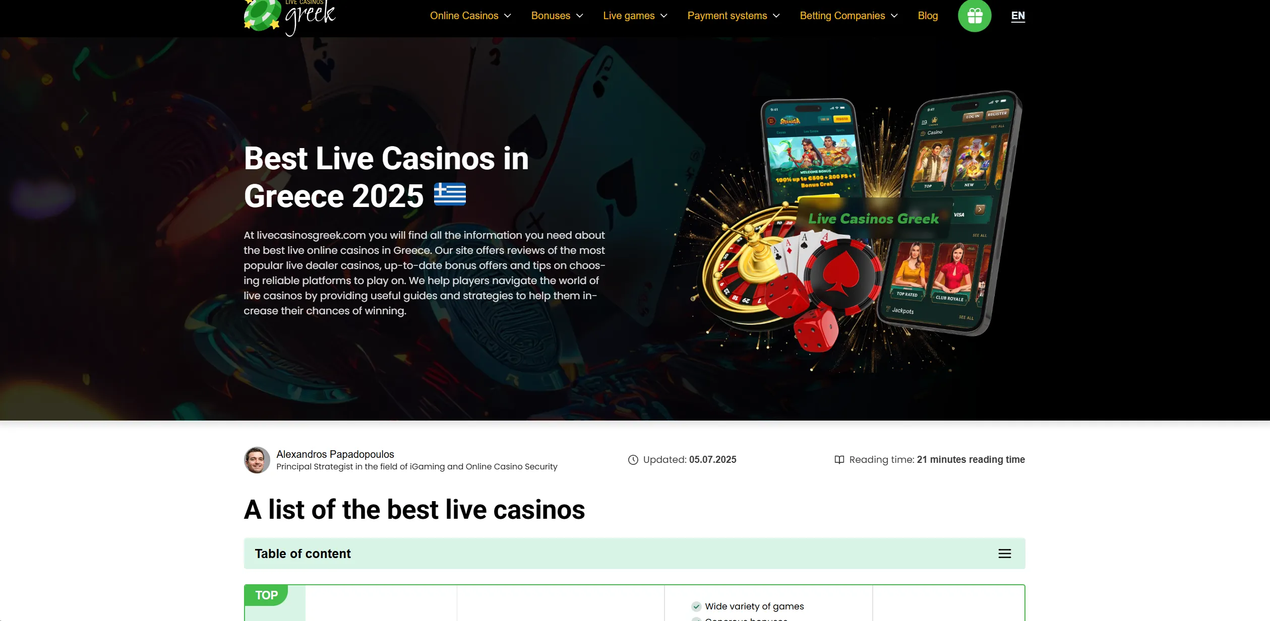 Screenshot of Livecasinosgreek.com – Casino Bonuses ᐅ TOP ᐅ Choose the best casino with bonuses