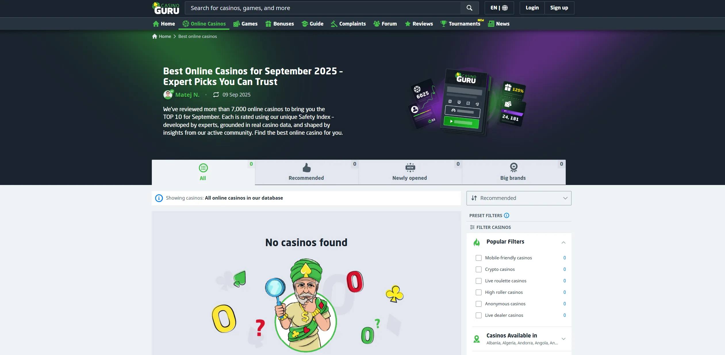 Screenshot of Casino.guru — 🎁 No Deposit Bonus Codes & Free Casino Offers