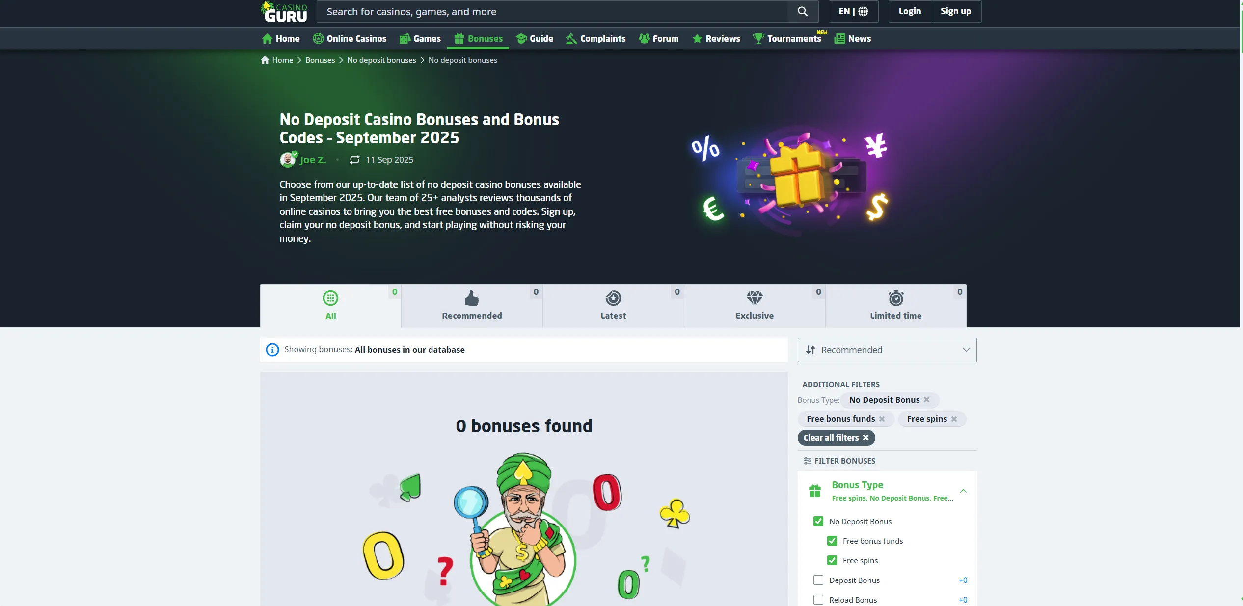 Screenshot of Casino.guru — 🎁 No Deposit Bonus Codes & Free Casino Offers