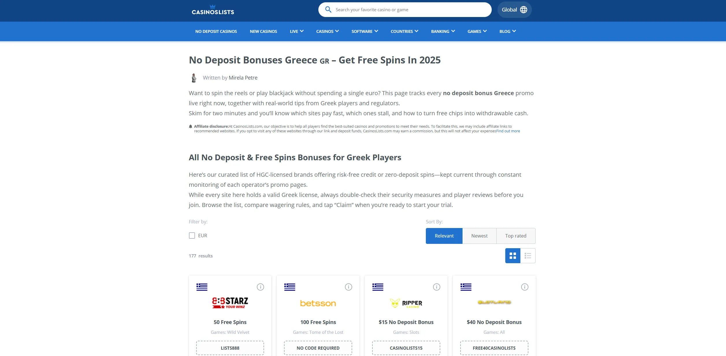Screenshot of Casinoslists.com – No Deposit Bonuses in Greece | CasinosLists.com