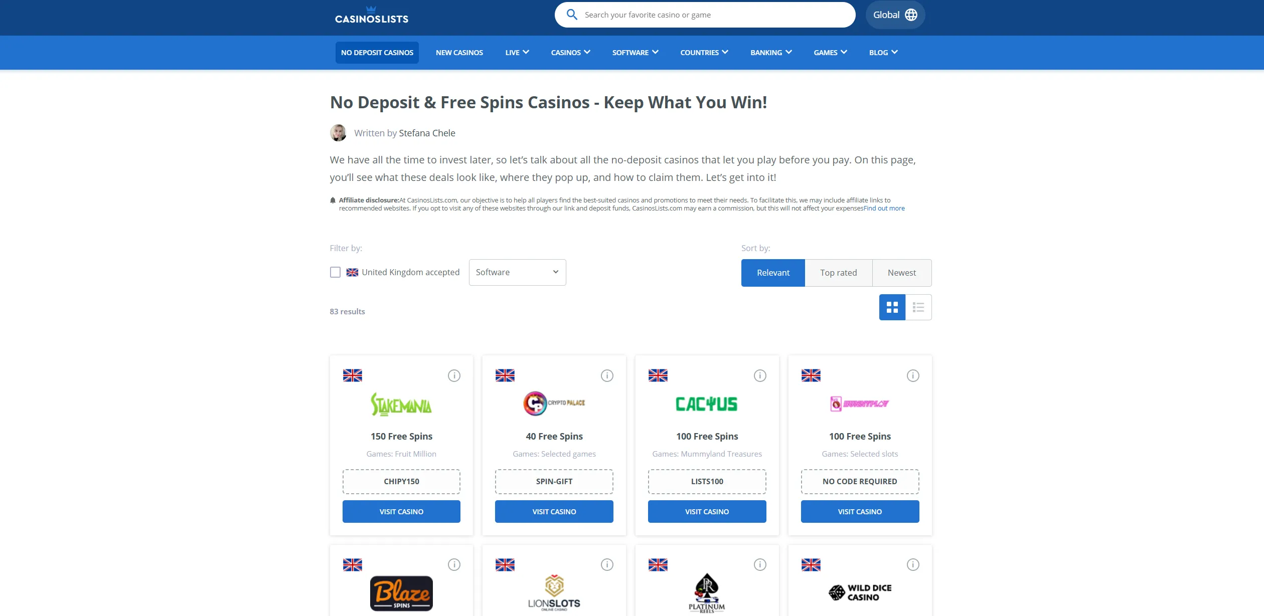 Screenshot of Casinoslists.com – No Deposit Bonuses in Greece | CasinosLists.com