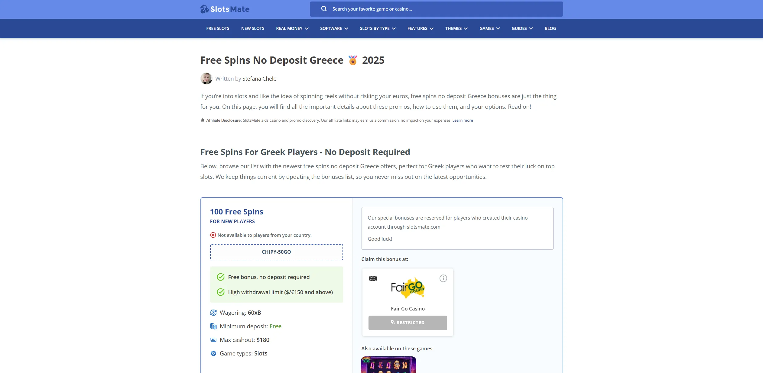 Screenshot of Slotsmate.com - Free Spins No Deposit Greece Discover Free Spins in Greece