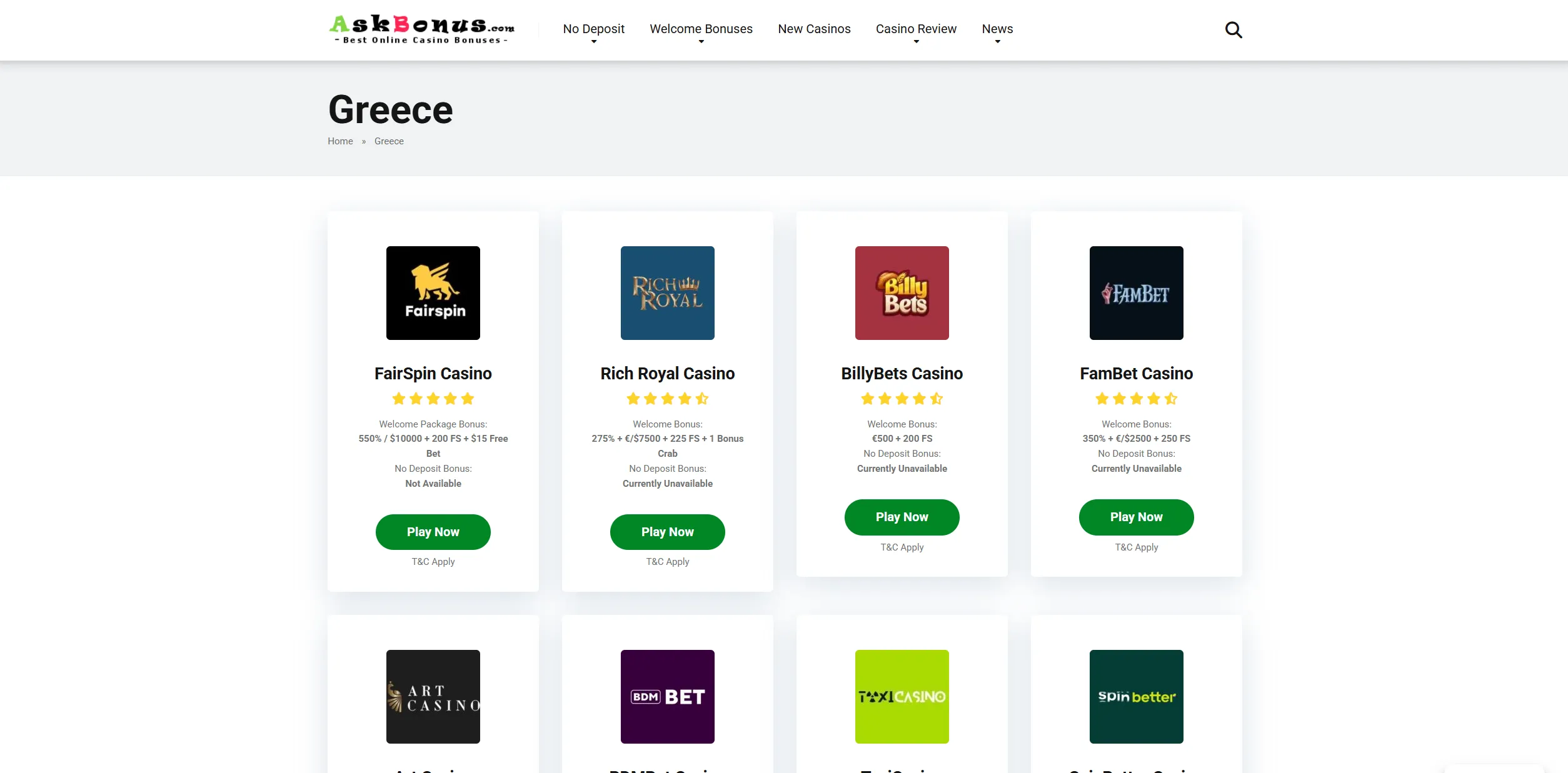 Screenshot of Askbonus.com – TOP Greece No Deposit Online Casinos