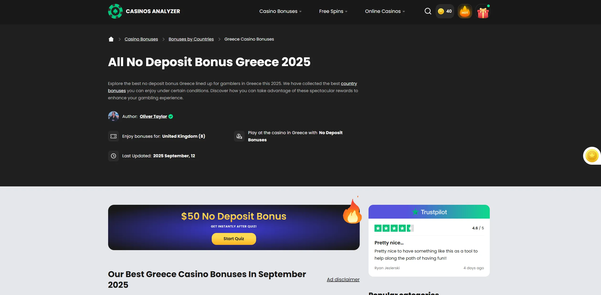 Screenshot of Casinosanalyzer.com - Best Online Casino Bonuses and Promotions