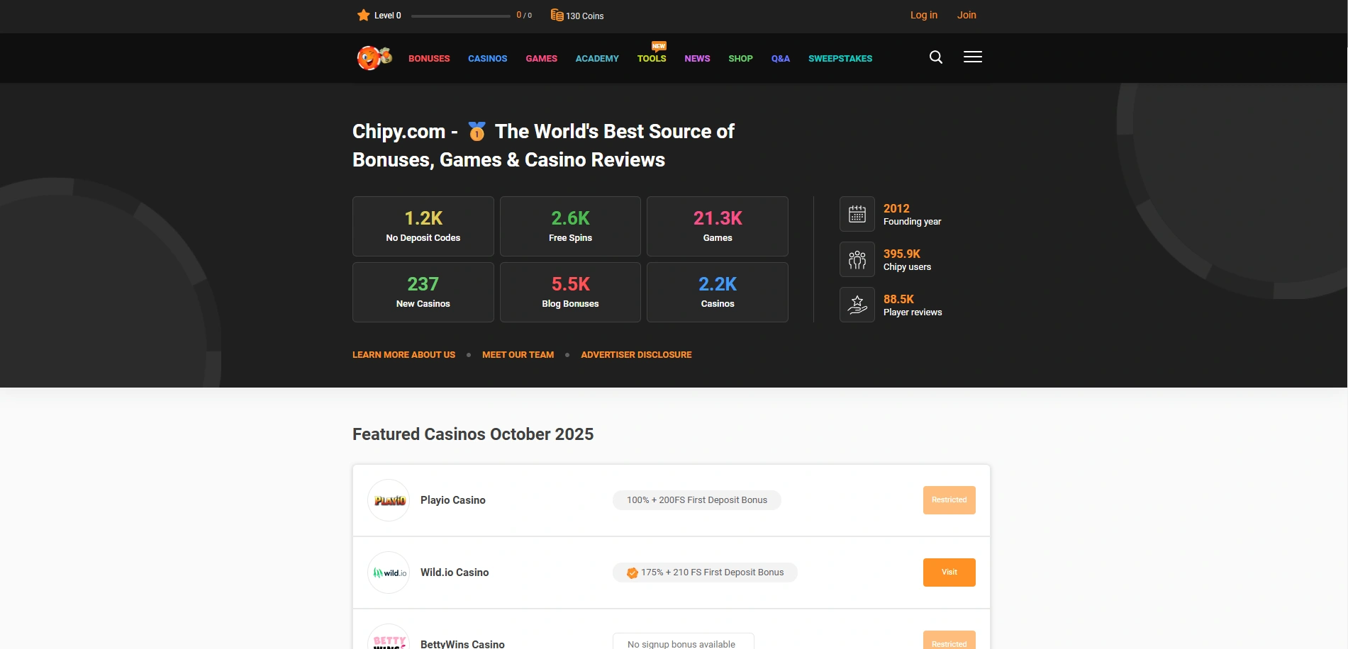 Screenshot of Chipy.com — Online Casino Bonus Codes & Promotions
