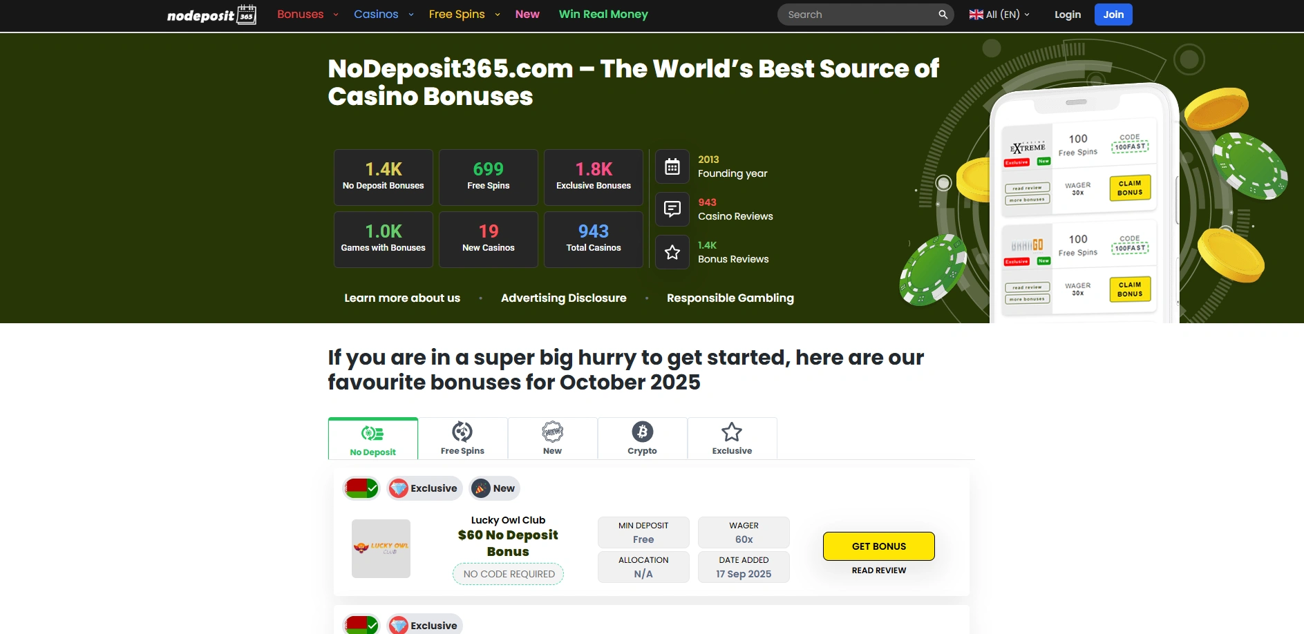Screenshot of NoDeposit365.com – The World’s Best Source of Casino Bonuses