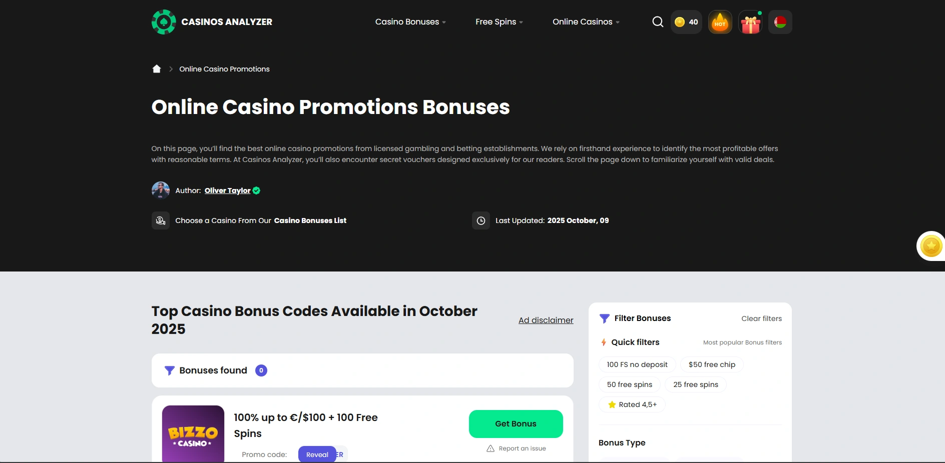 Screenshot of Casinosanalyzer.com - Best Online Casino Bonuses and Promotions