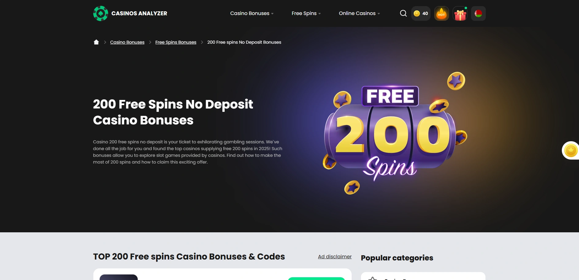 Screenshot of Casinosanalyzer.com - Best Online Casino Bonuses and Promotions