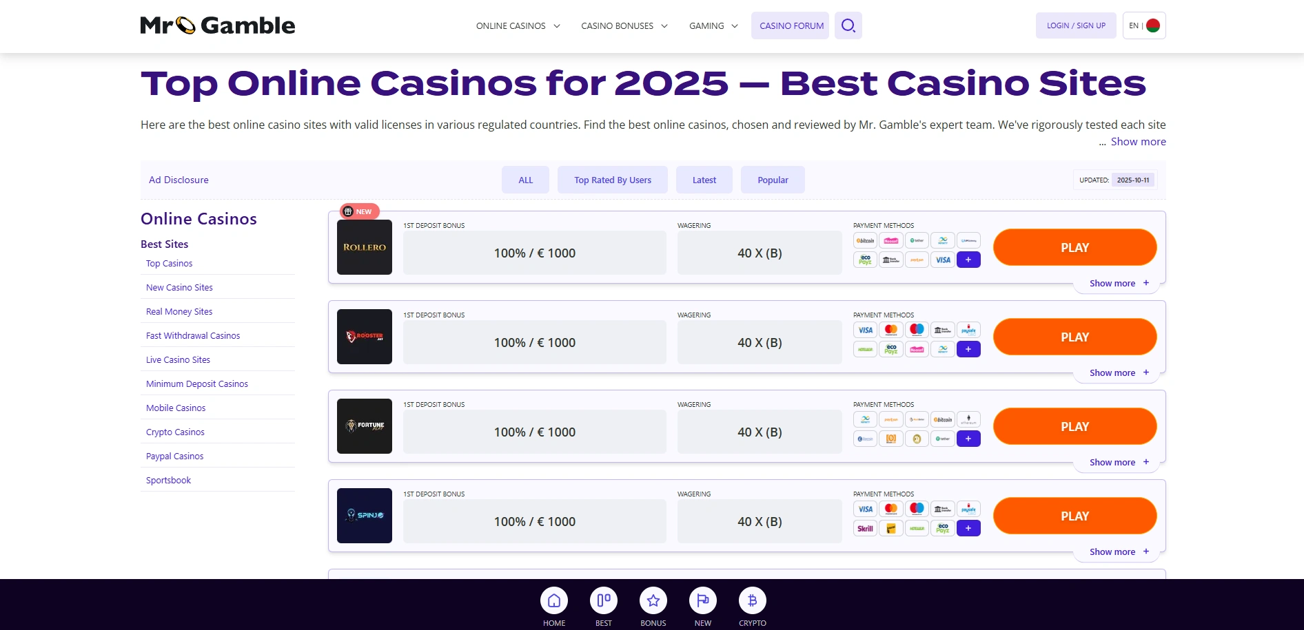 Screenshot of Mr-gamble.com - Explore the top online casinos. Discover the best bonuses.