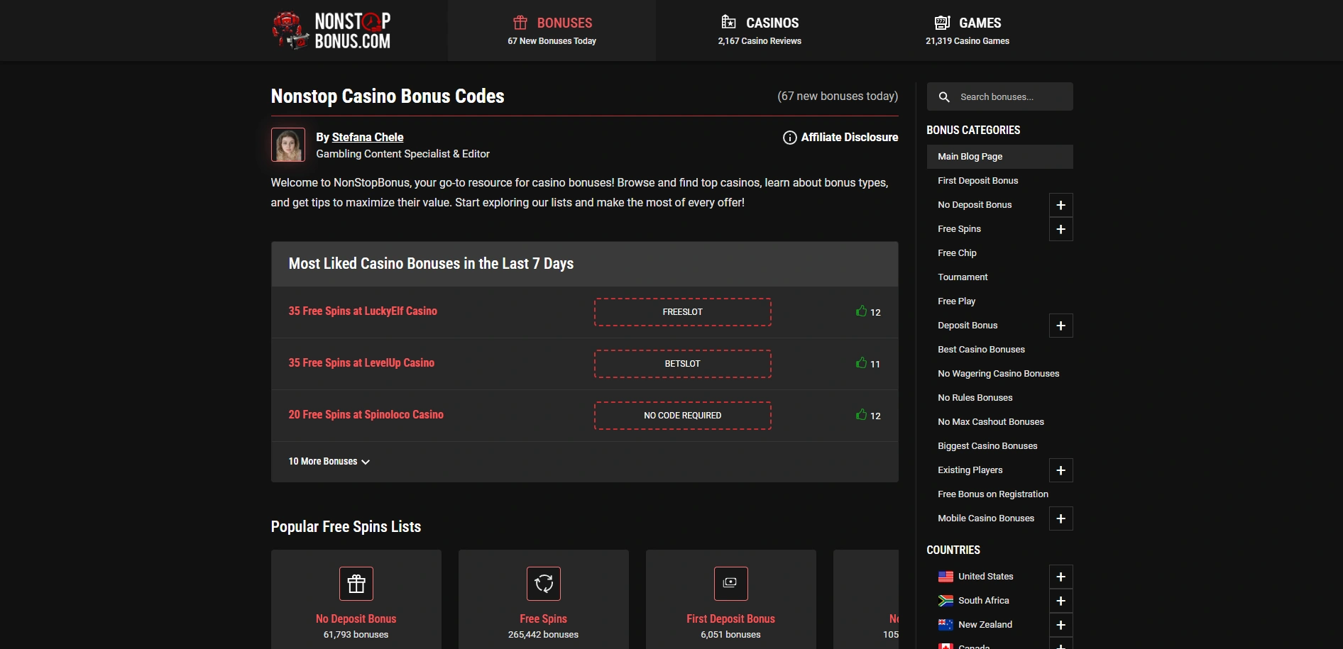 Screenshot of NonStopBonus.com - New Casino Bonuses Every Day!