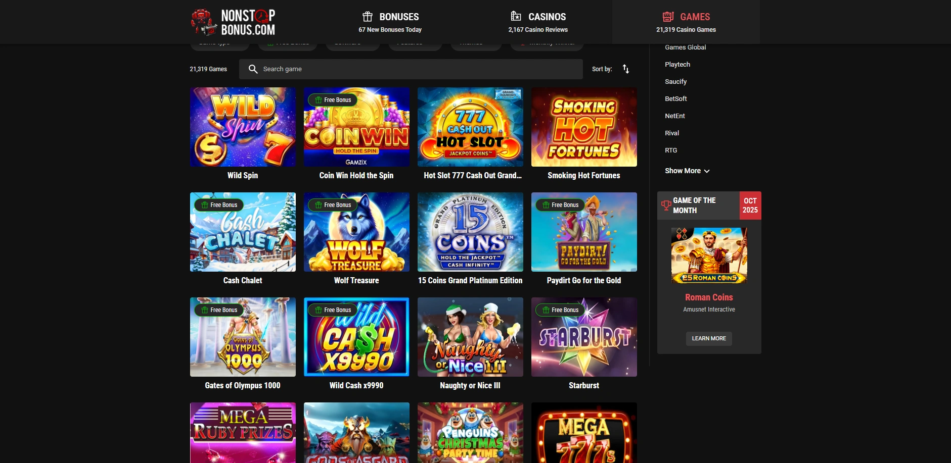 Screenshot of NonStopBonus.com - New Casino Bonuses Every Day!