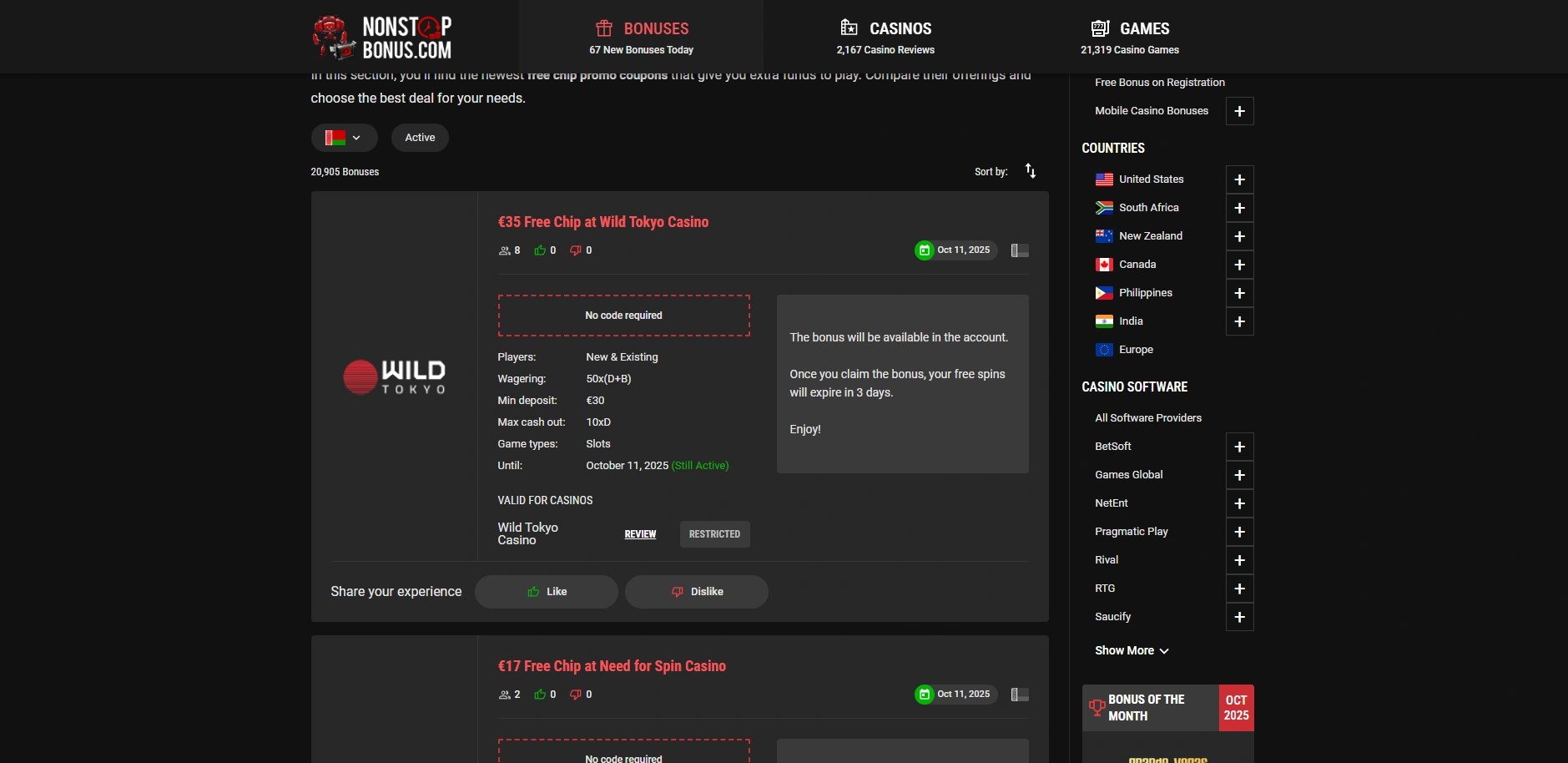 Screenshot of NonStopBonus.com - New Casino Bonuses Every Day!