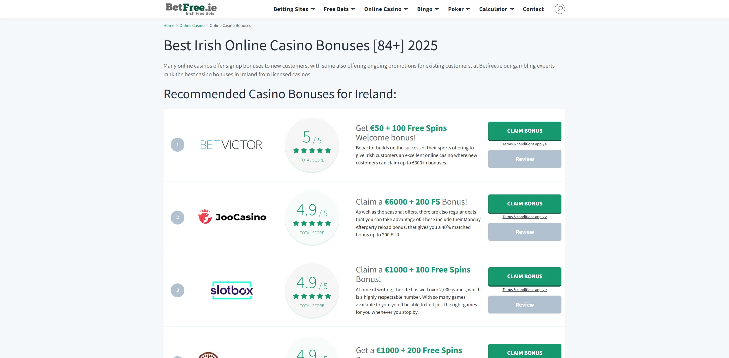 Screenshot of Betfree.ie — Best Online Casino Bonuses for Ireland [84+]