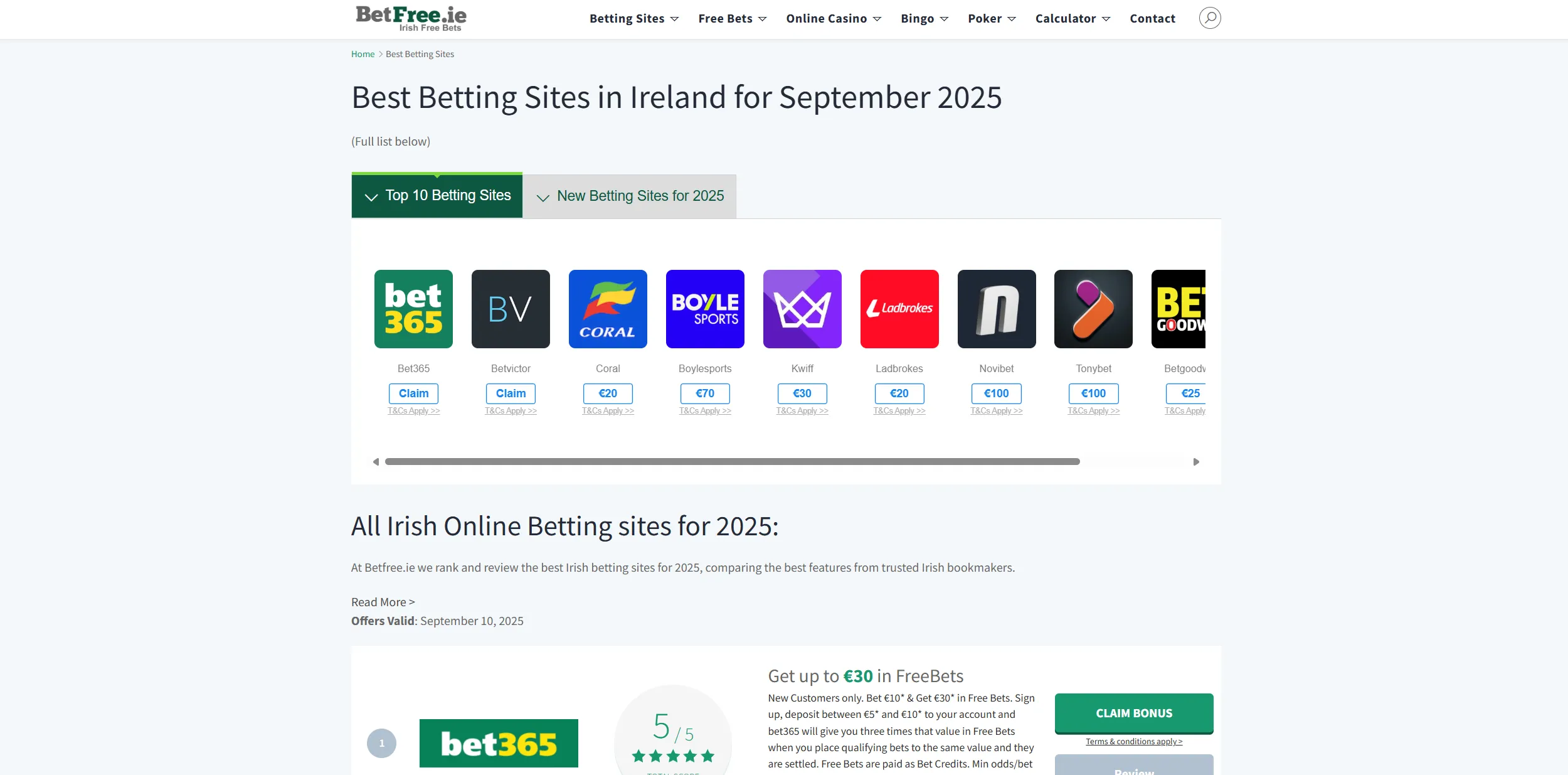 Screenshot of Betfree.ie — Best Online Casino Bonuses for Ireland [84+]