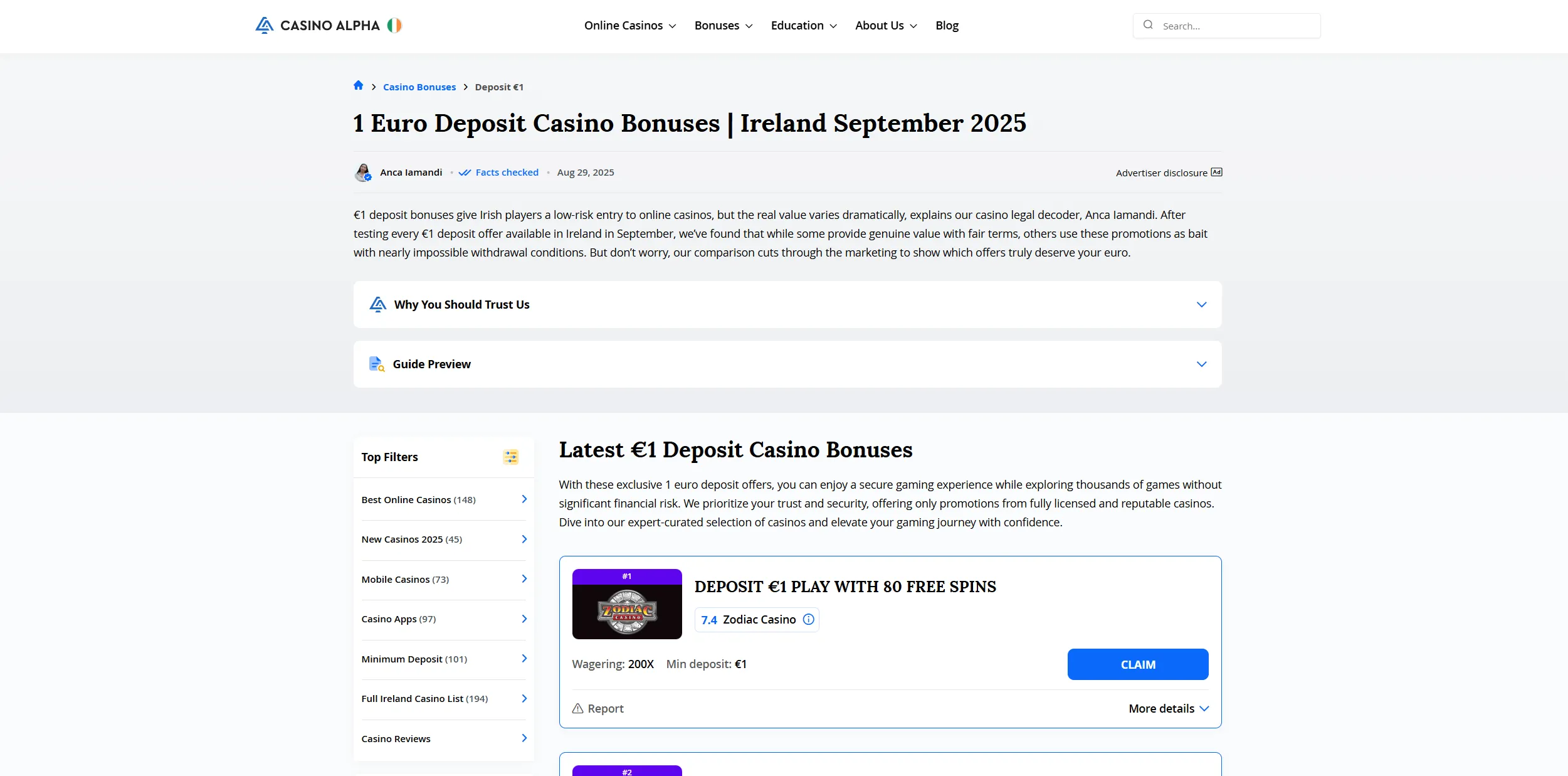 Screenshot of Casinoalpha.ie — €1 Deposit Casino Bonuses in Ireland | Get 90 Free Spins for 1 Euro Deposit