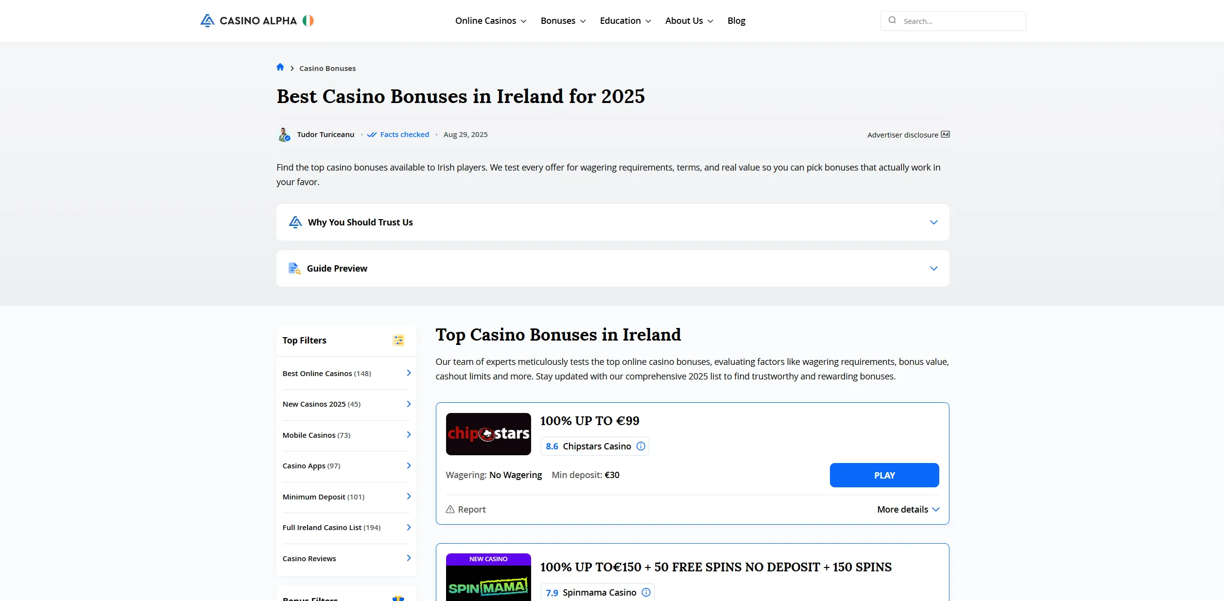Screenshot of Casinoalpha.ie — €1 Deposit Casino Bonuses in Ireland | Get 90 Free Spins for 1 Euro Deposit