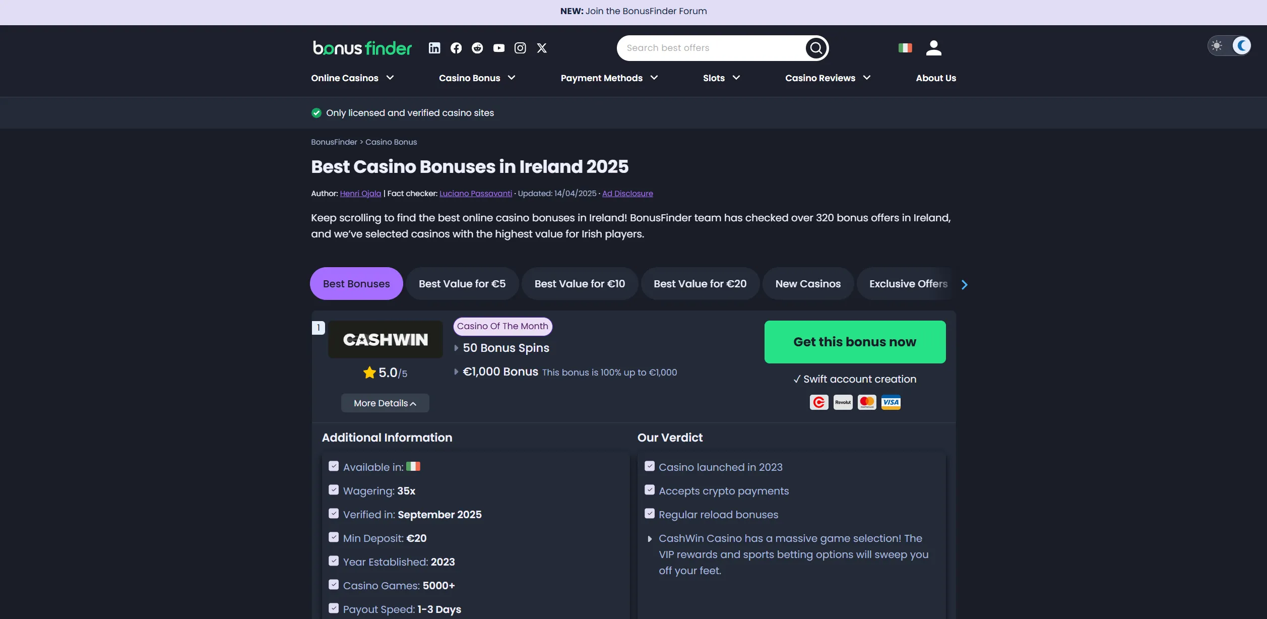 Screenshot of Bonusfinder.ie — Best Casino Bonus Ireland ☘️ Top Welcome Offers