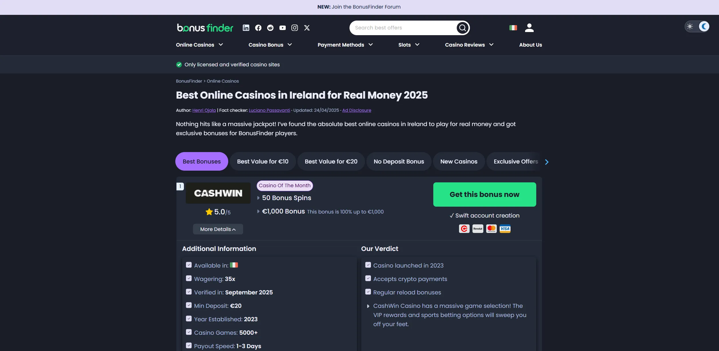 Screenshot of Bonusfinder.ie — Best Casino Bonus Ireland ☘️ Top Welcome Offers