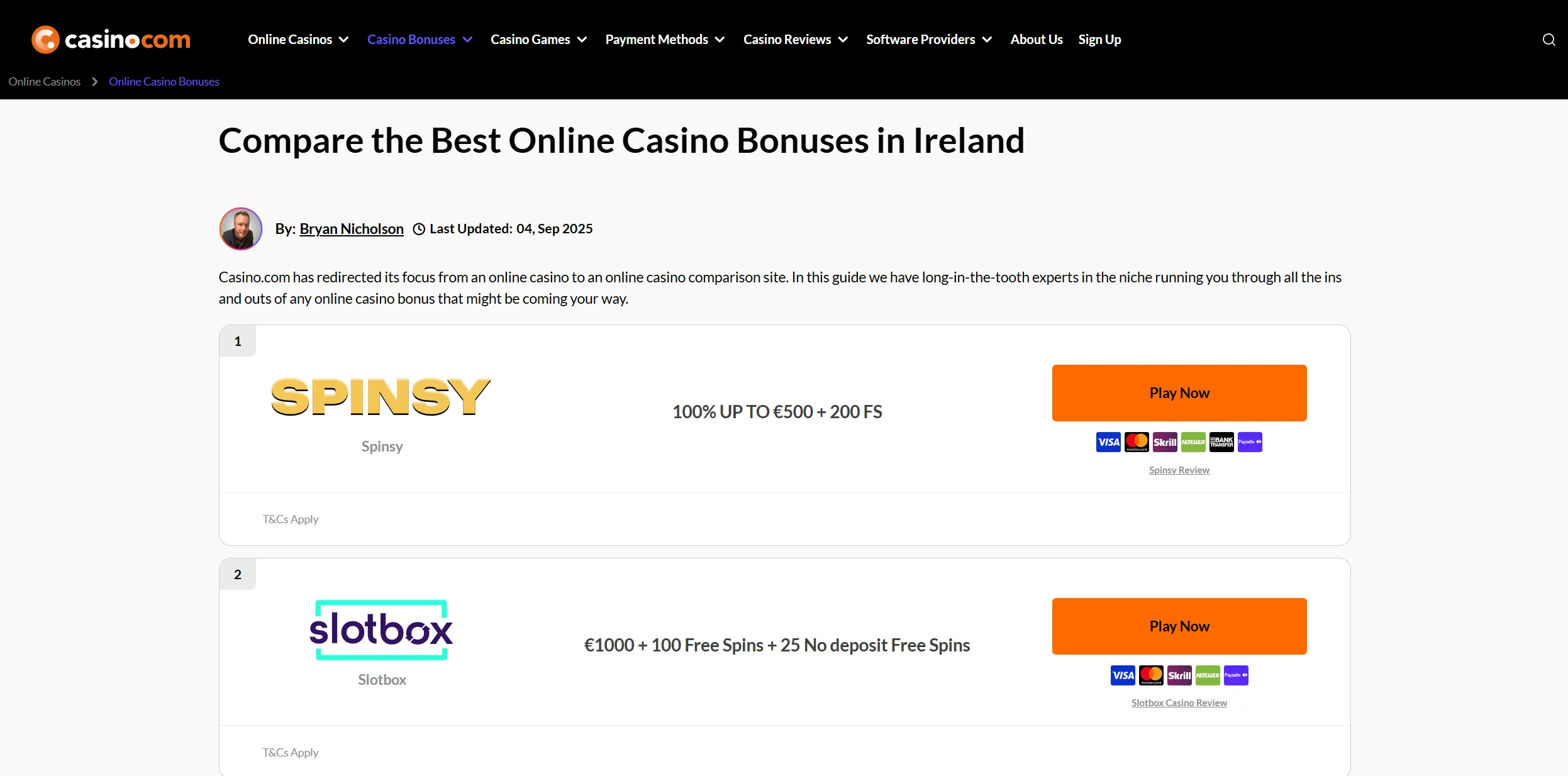 Screenshot of Casino.com — Best Casino Bonuses in Ireland
