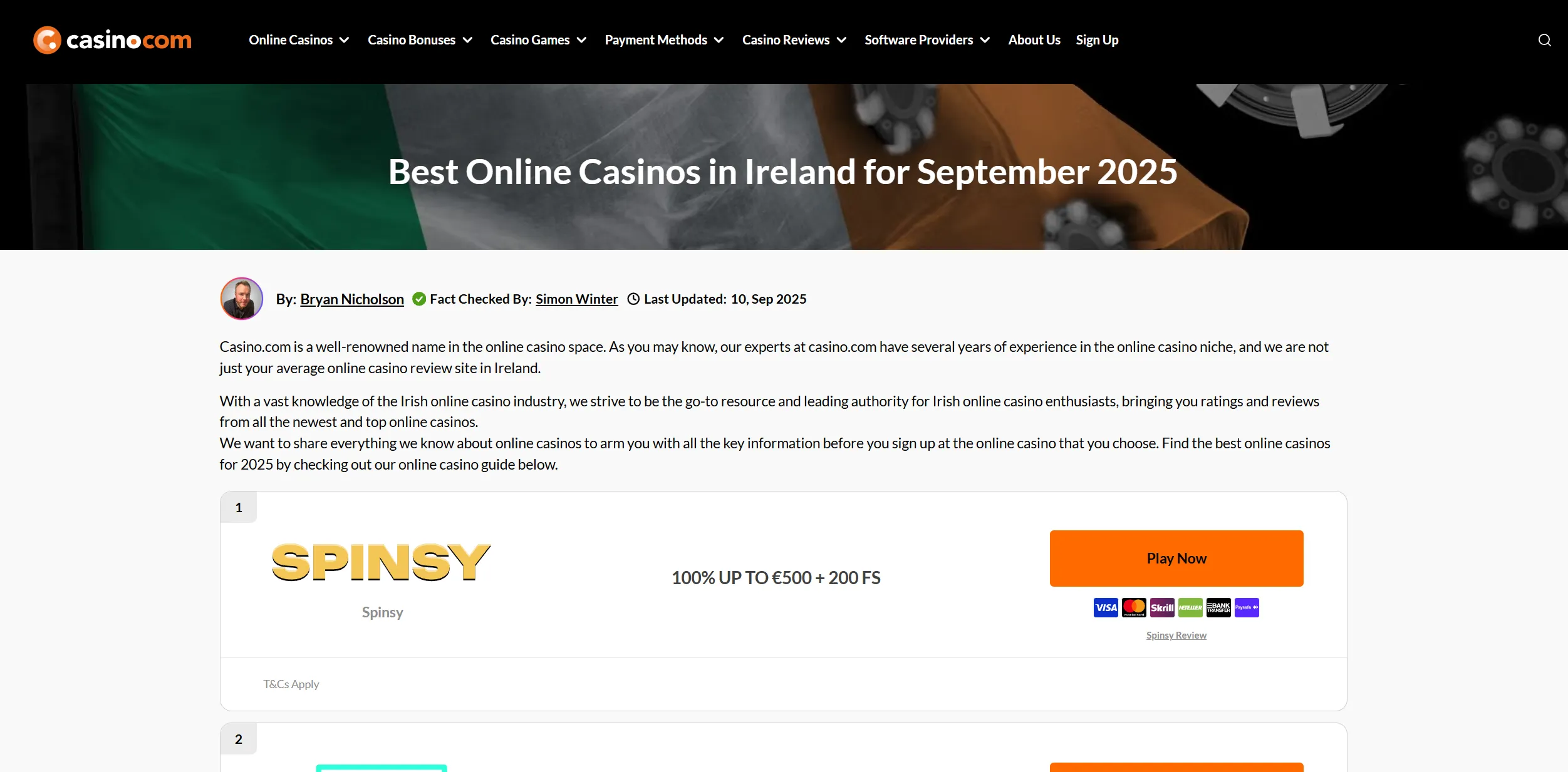 Screenshot of Casino.com — Best Casino Bonuses in Ireland