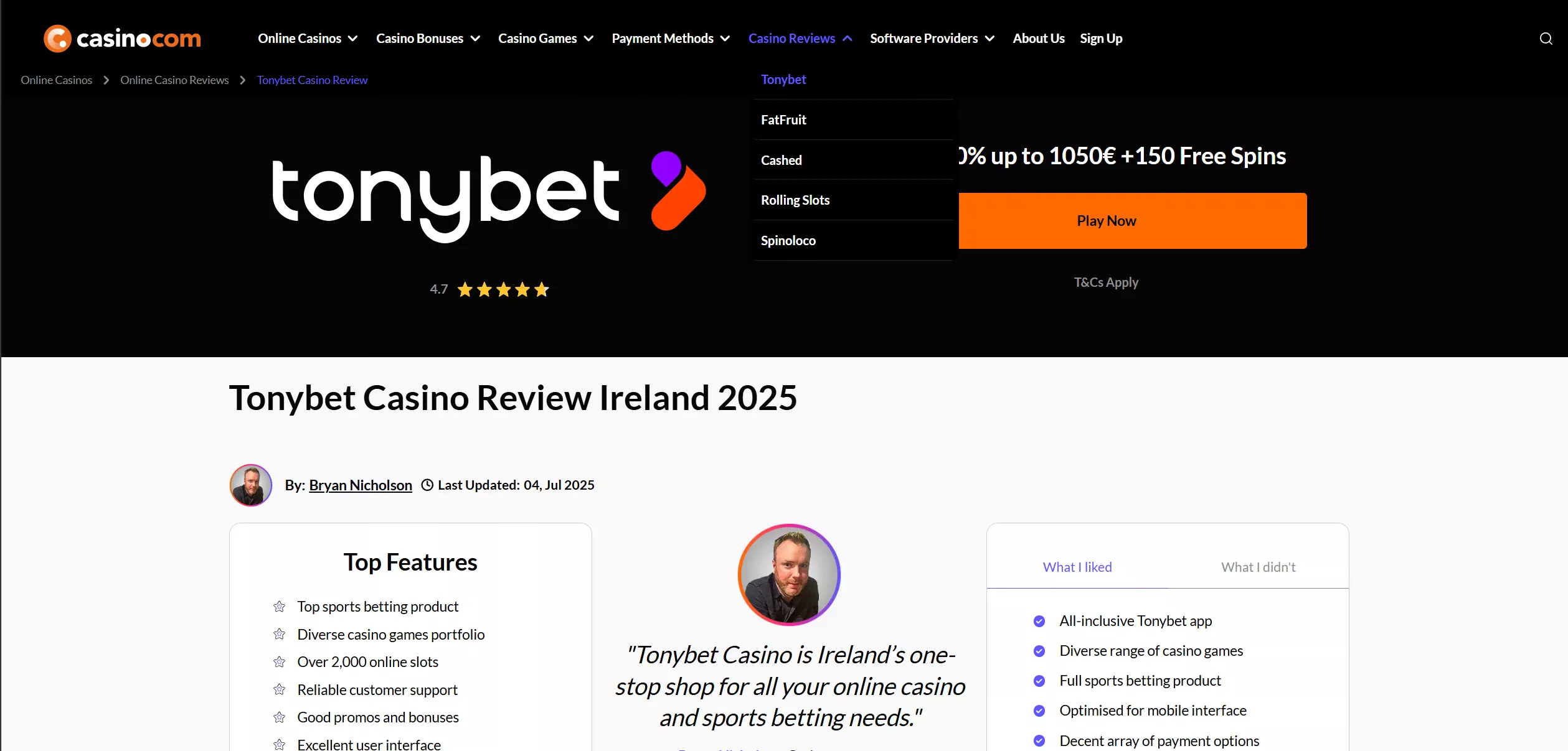 Screenshot of Casino.com — Best Casino Bonuses in Ireland