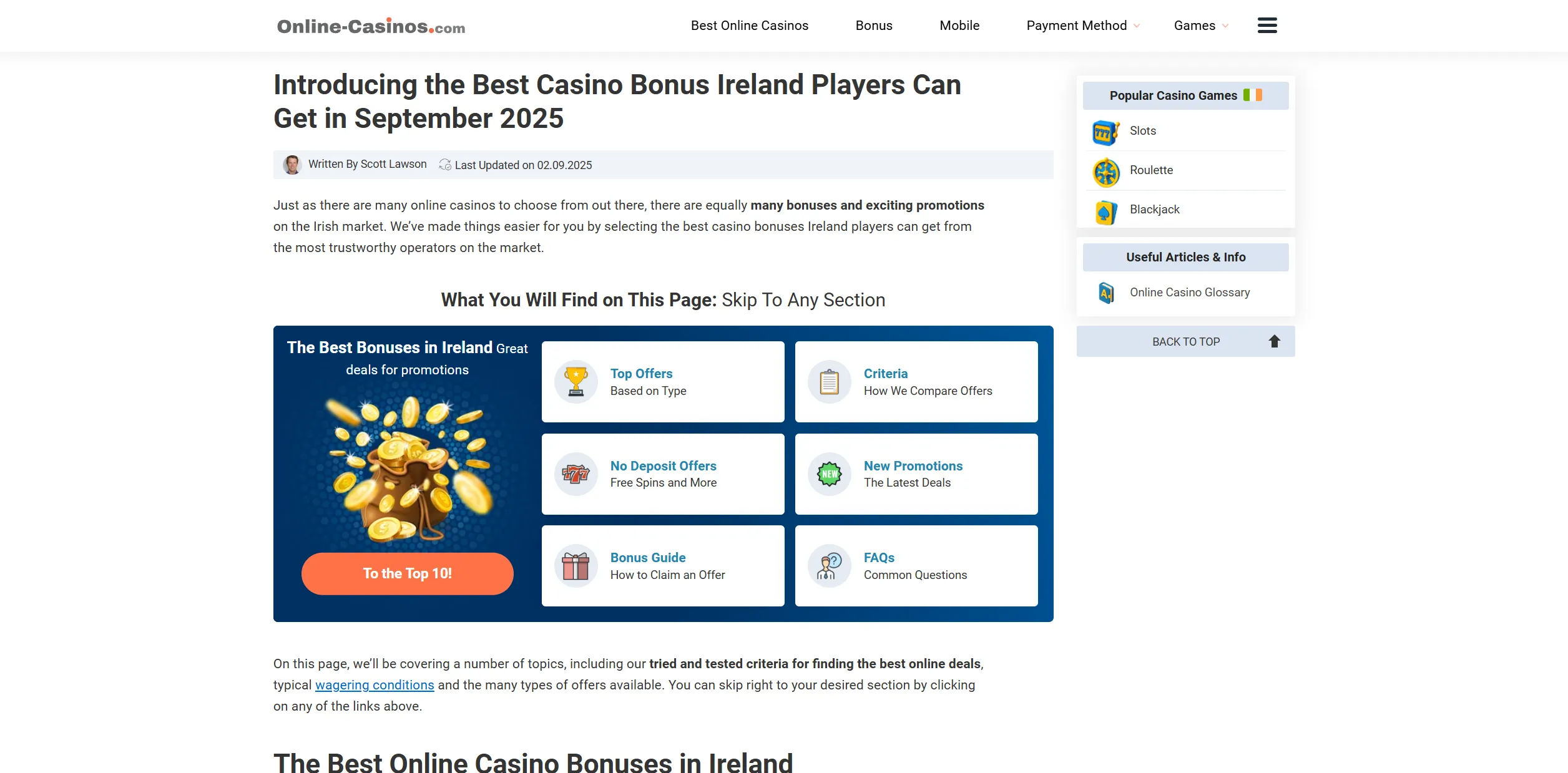Screenshot of Online-casinos.com — Best Casino Bonus Ireland: Top Online Offers & Promotions