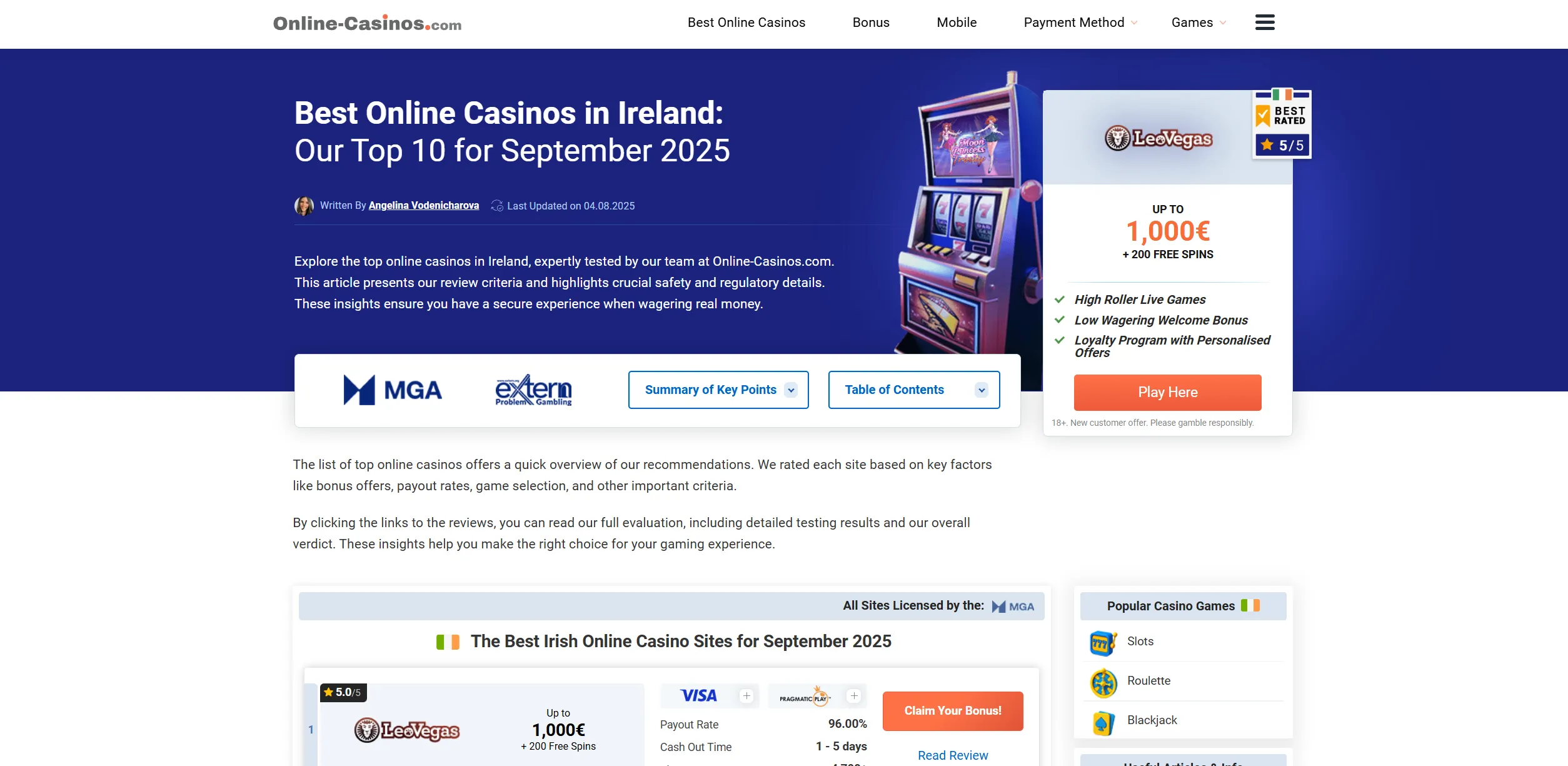 Screenshot of Online-casinos.com — Best Casino Bonus Ireland: Top Online Offers & Promotions