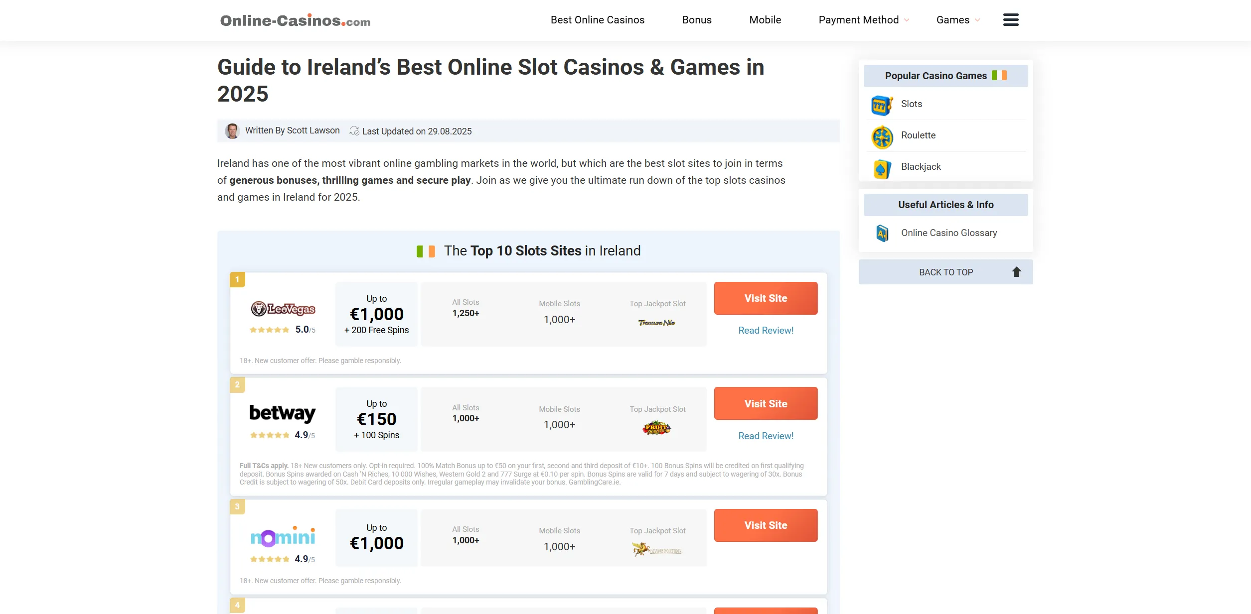 Screenshot of Online-casinos.com — Best Casino Bonus Ireland: Top Online Offers & Promotions