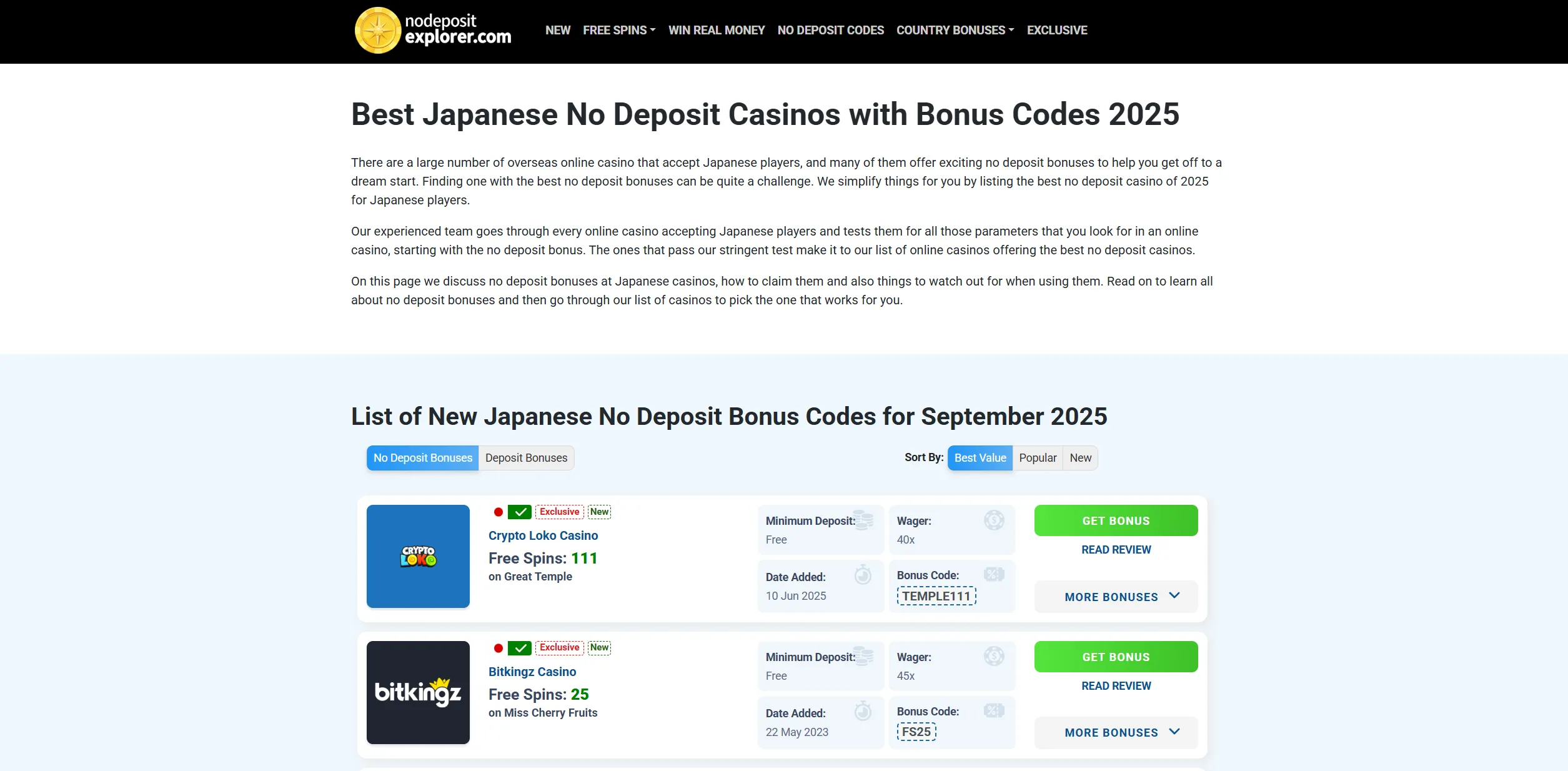 Screenshot of Nodepositexplorer.com - Best Japanse No Deposits Casino Bonuses