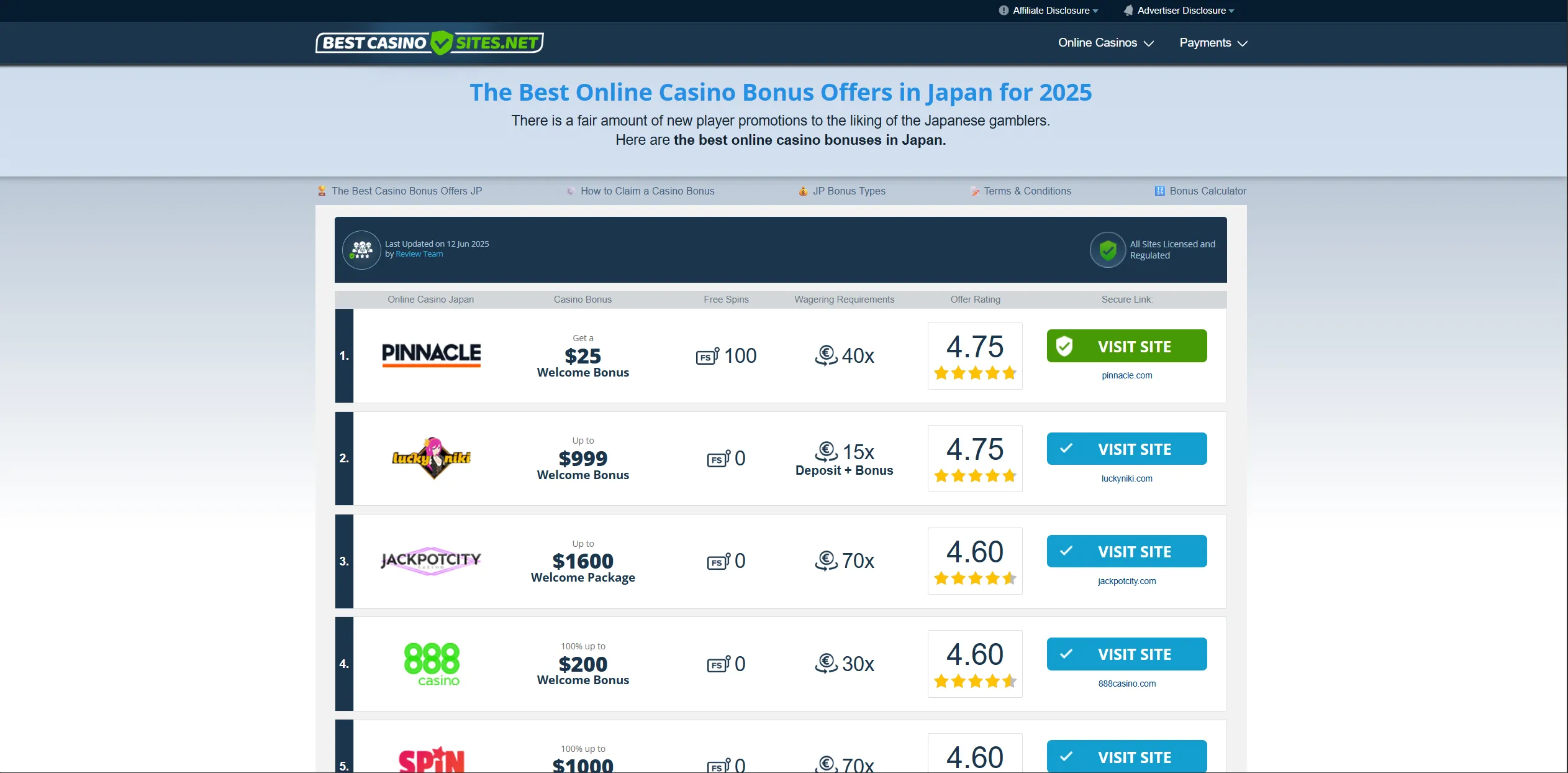 Screenshot of Bestcasinosites.net - Best Casino Bonus in Japan - JP Online Casino Bonuses
