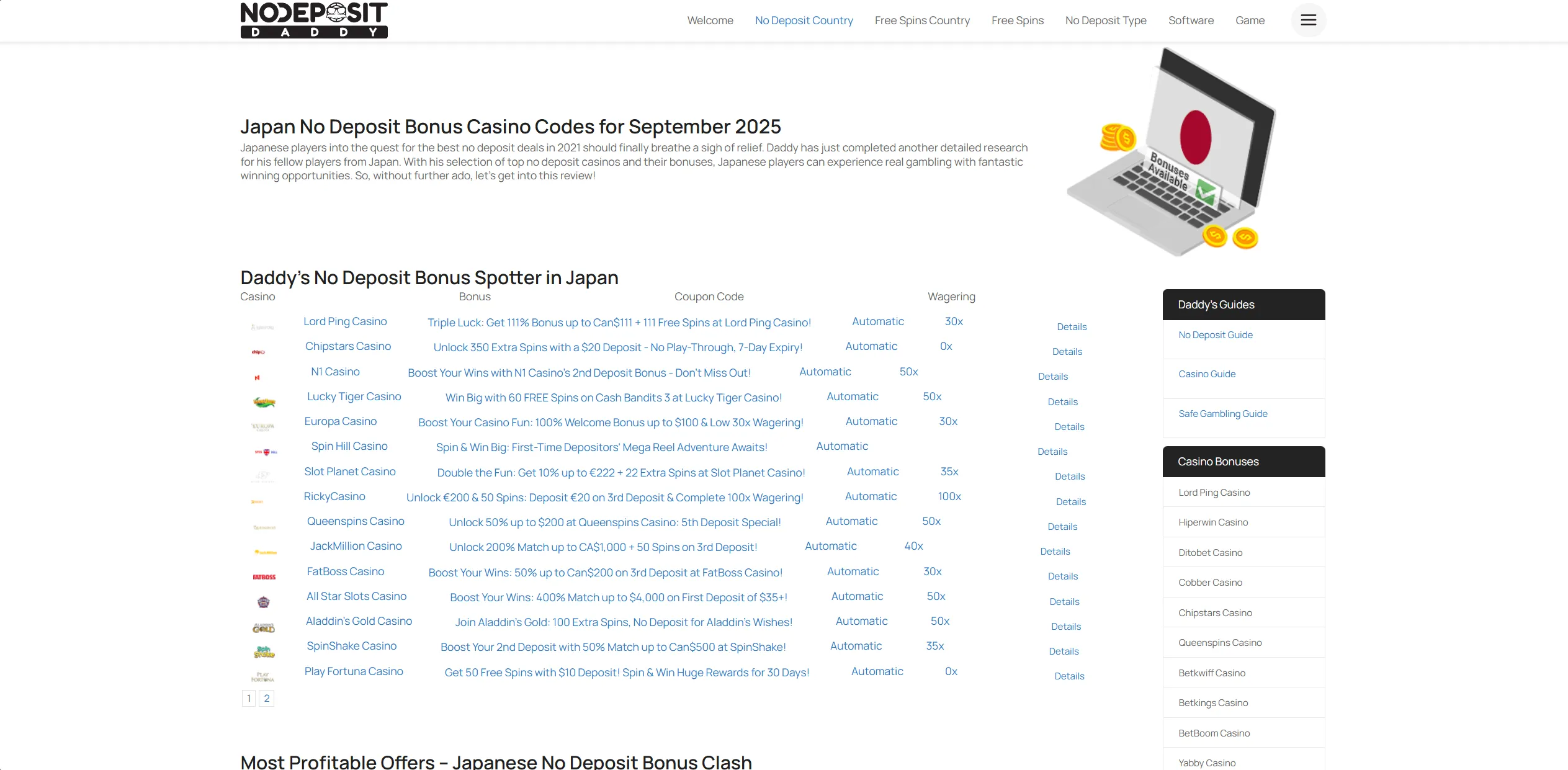 Screenshot of Nodepositdaddy.com - No Deposit Bonus Japan | JP Casino No Deposits