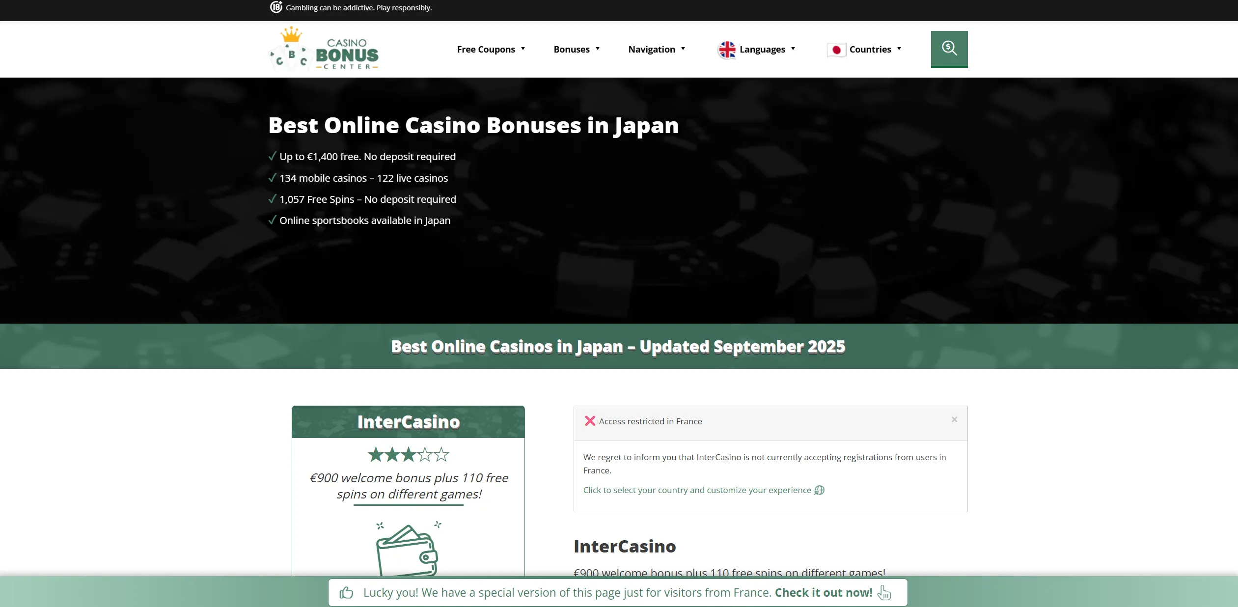 Screenshot of Casinobonuscenter.com - Your Guide to Exclusive Online Casino Bonuses in Japan