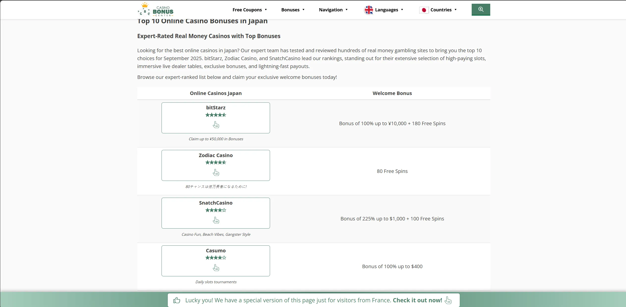 Screenshot of Casinobonuscenter.com - Your Guide to Exclusive Online Casino Bonuses in Japan