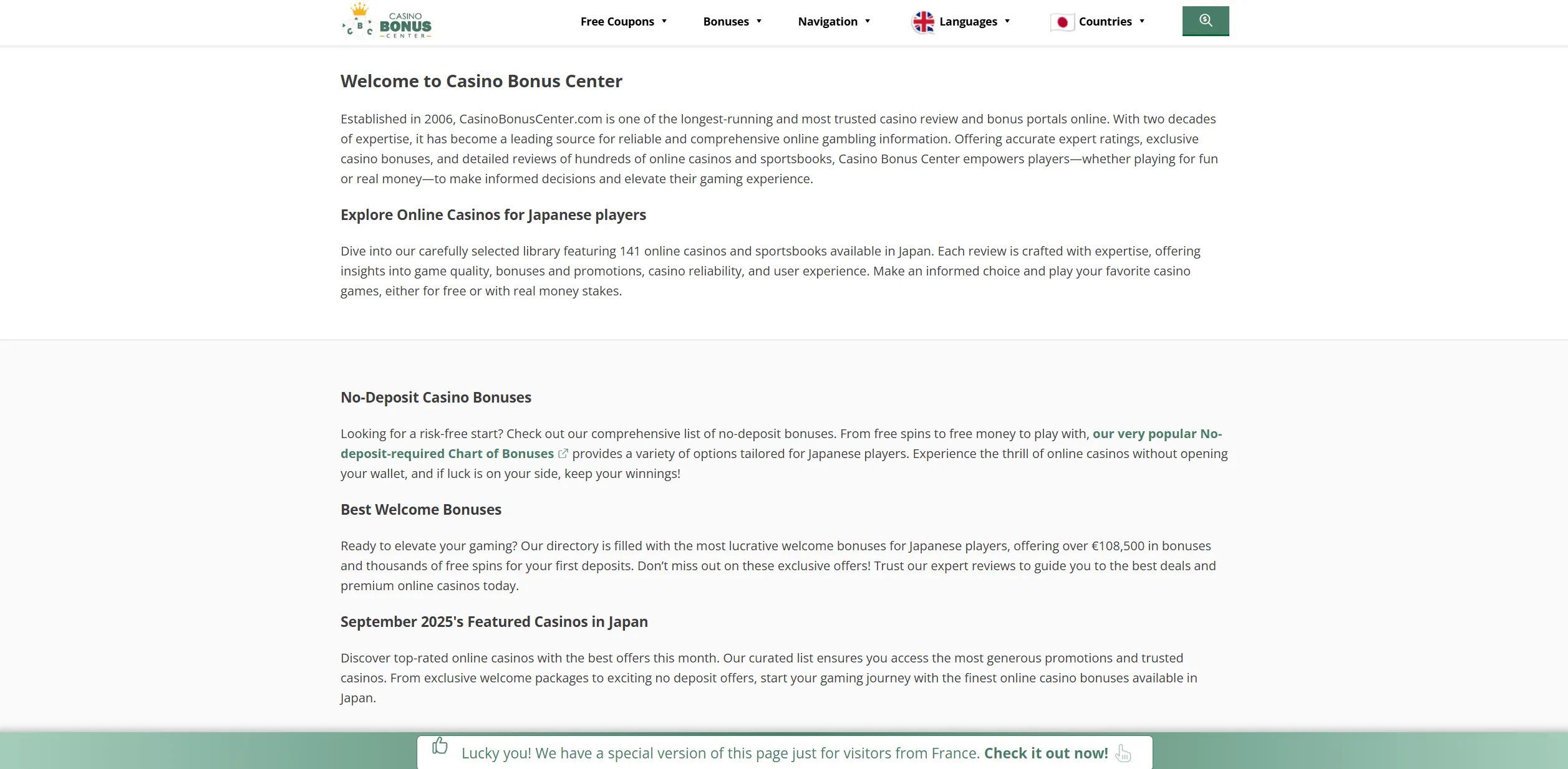 Screenshot of Casinobonuscenter.com - Your Guide to Exclusive Online Casino Bonuses in Japan