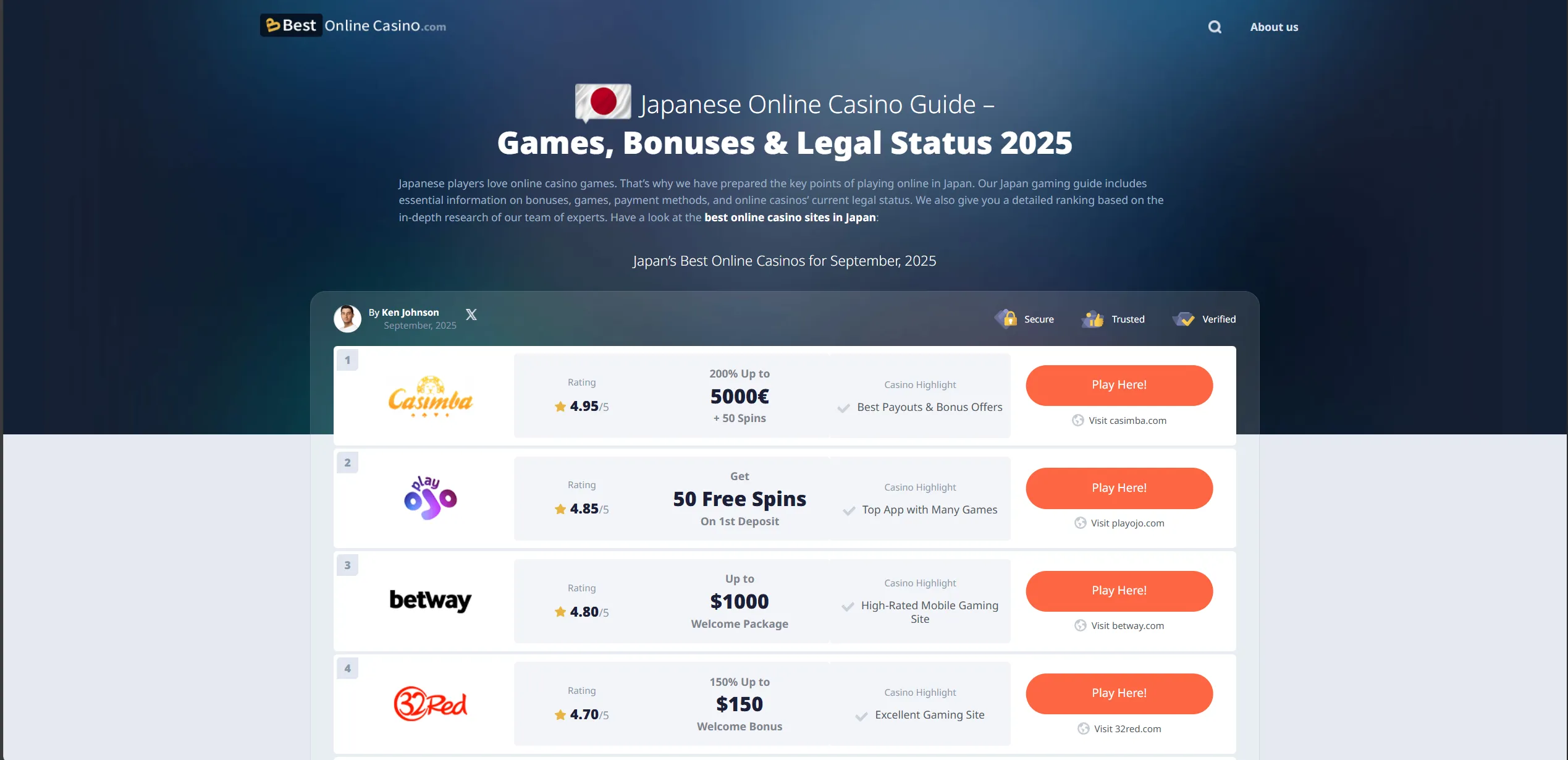 Screenshot of Bestonlinecasino.com - 🎖️ Best Japanese Online Casino Sites ✔️ Legal Operators JP