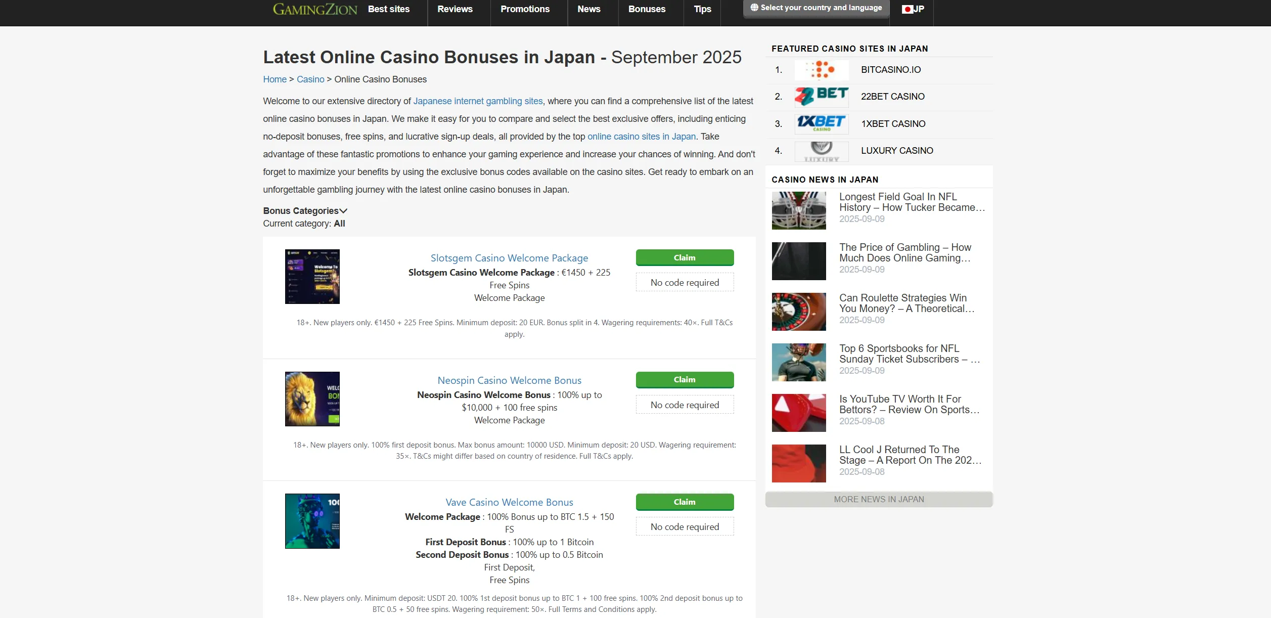 Screenshot of Gamingzion.com - Online Casino Bonuses in Japan | GamingZion