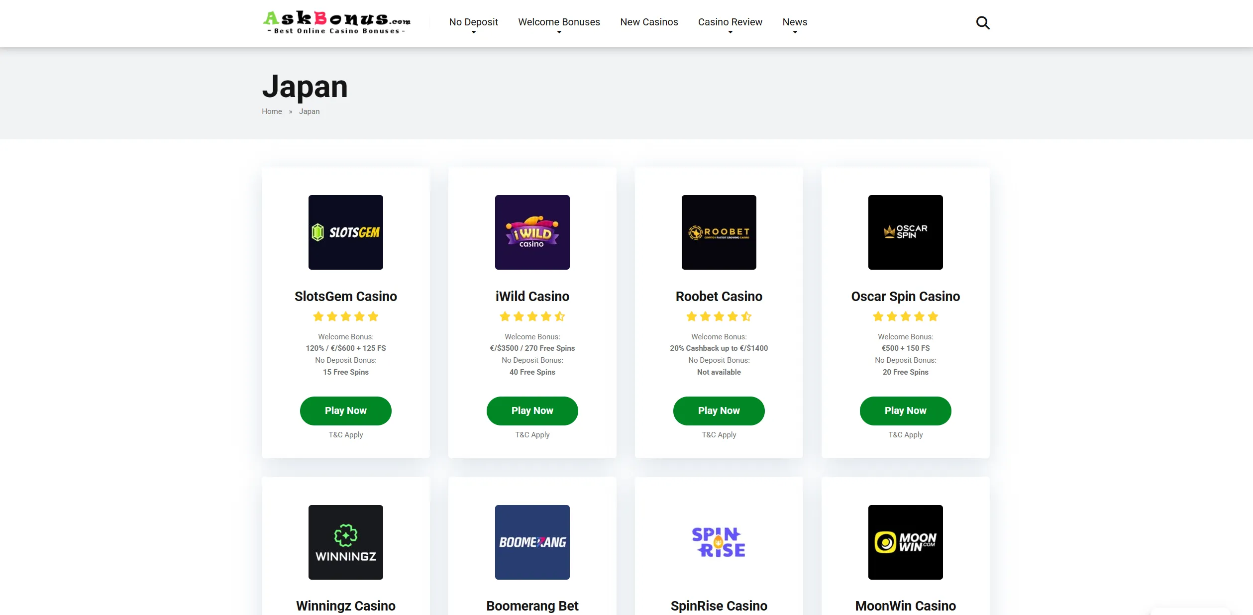Screenshot of Askbonus.com – TOP Japan No Deposit Online Casinos