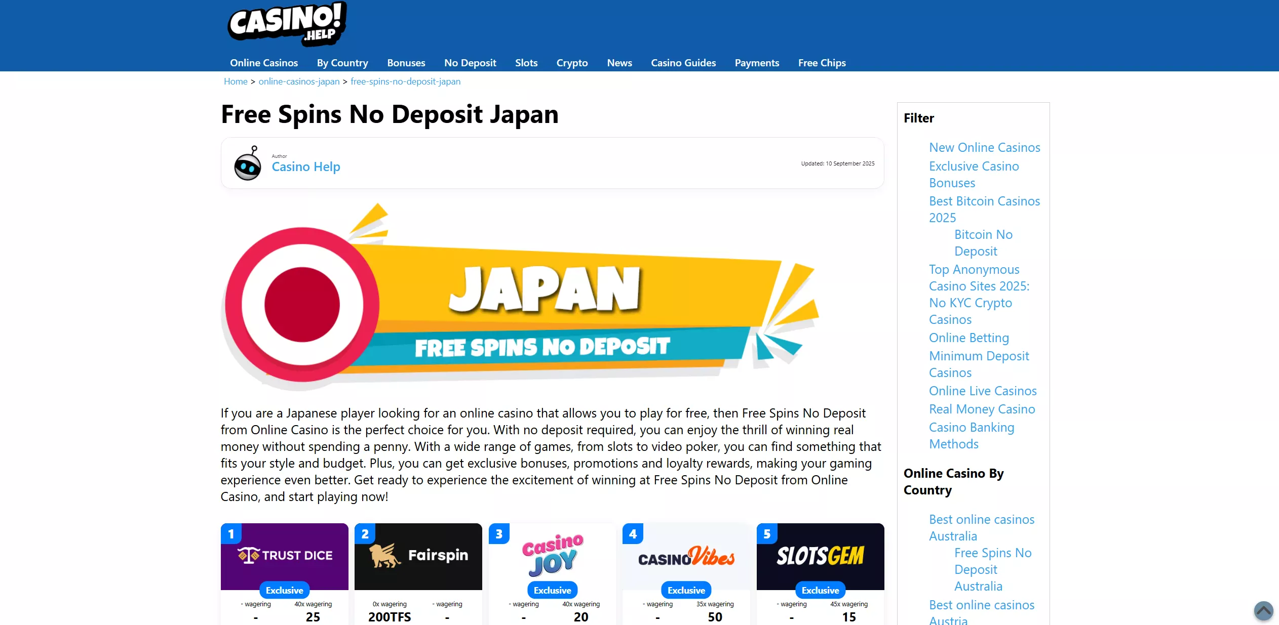 Screenshot of Сasino.help - Free Spins No Deposit Japan - Casino Help