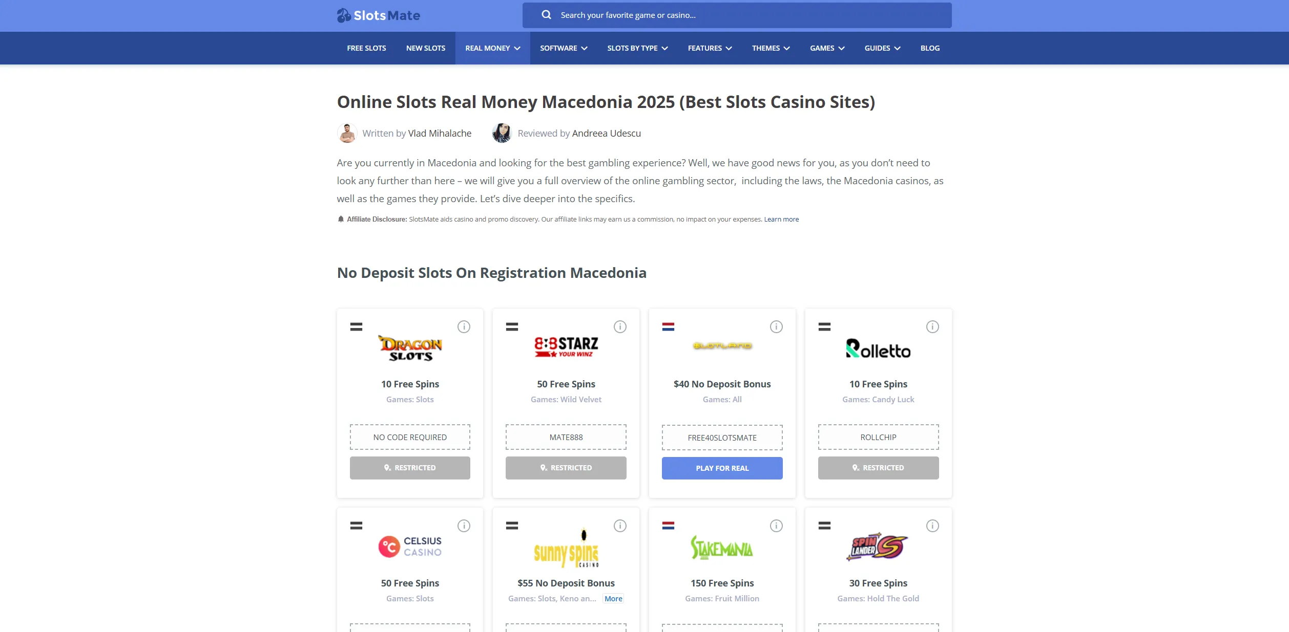 Screenshot of Slotsmate.com - Best Online Slots Real Money Casinos in Macedonia