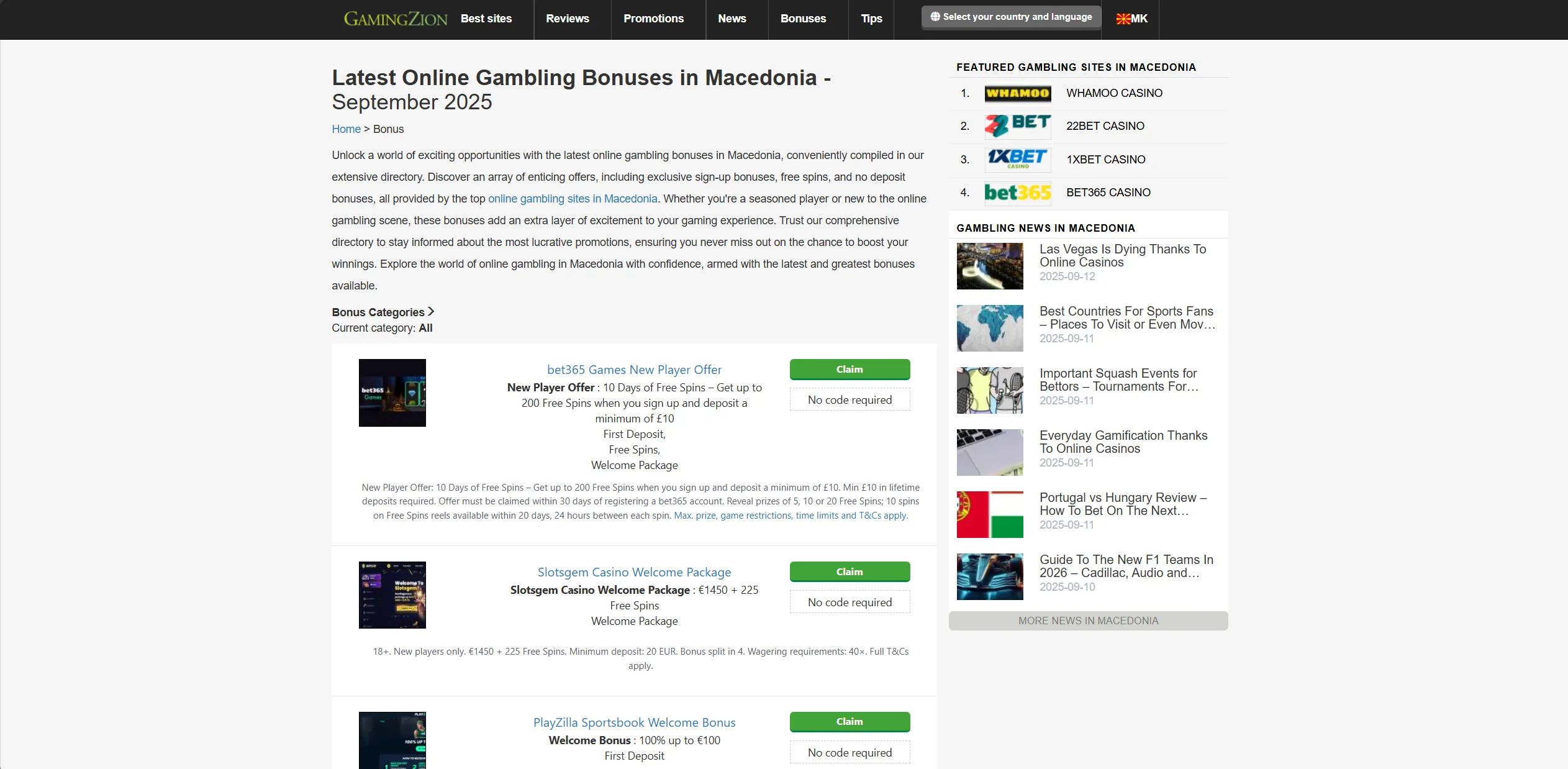 Screenshot of Gamingzion.com - Online Gambling Bonuses in Macedonia | GamingZion