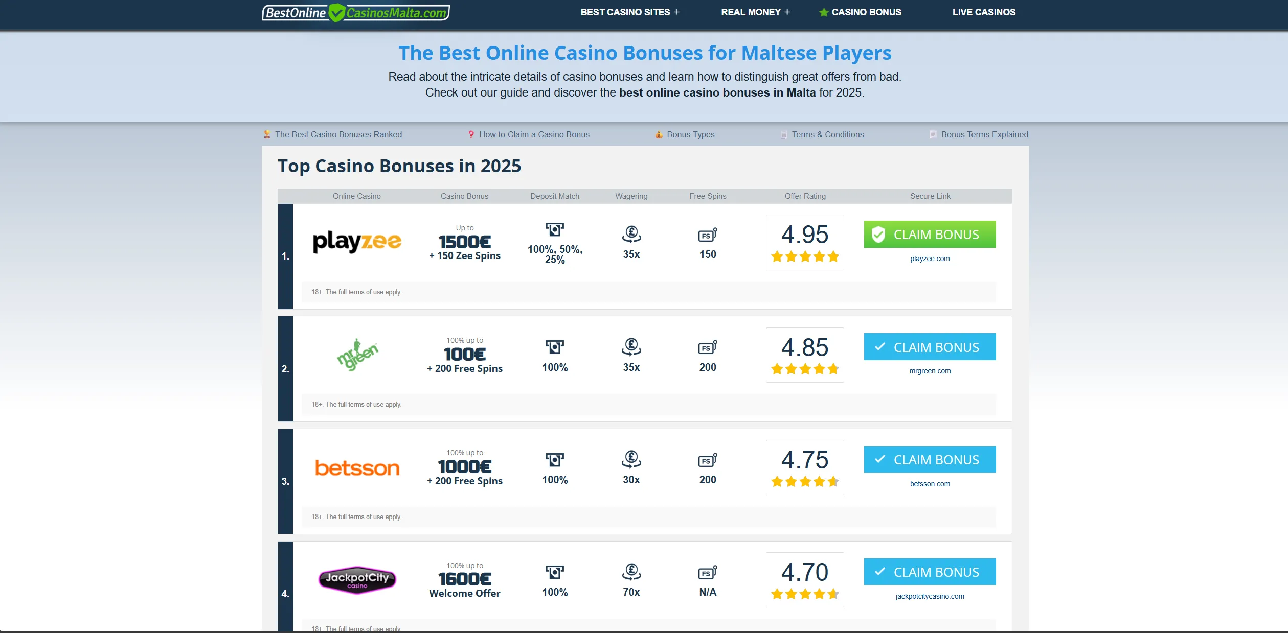 Screenshot of Bestonlinecasinosmalta.com - Best Online Casino Bonuses: Top Offers for Maltese Players