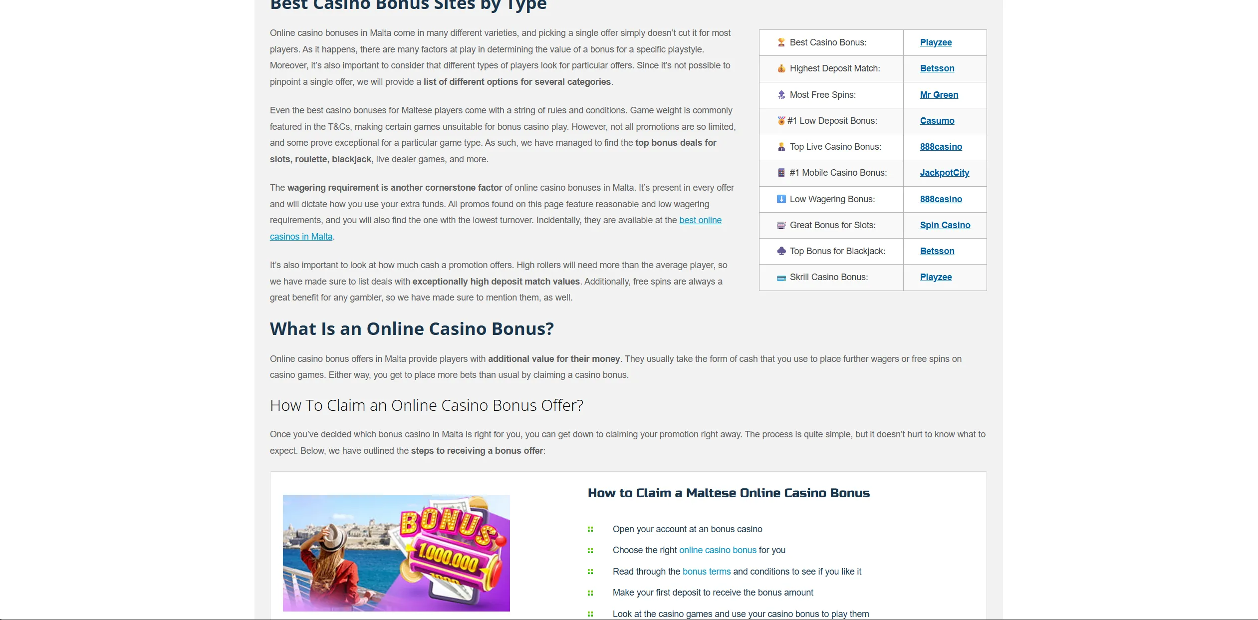 Screenshot of Bestonlinecasinosmalta.com - Best Online Casino Bonuses: Top Offers for Maltese Players