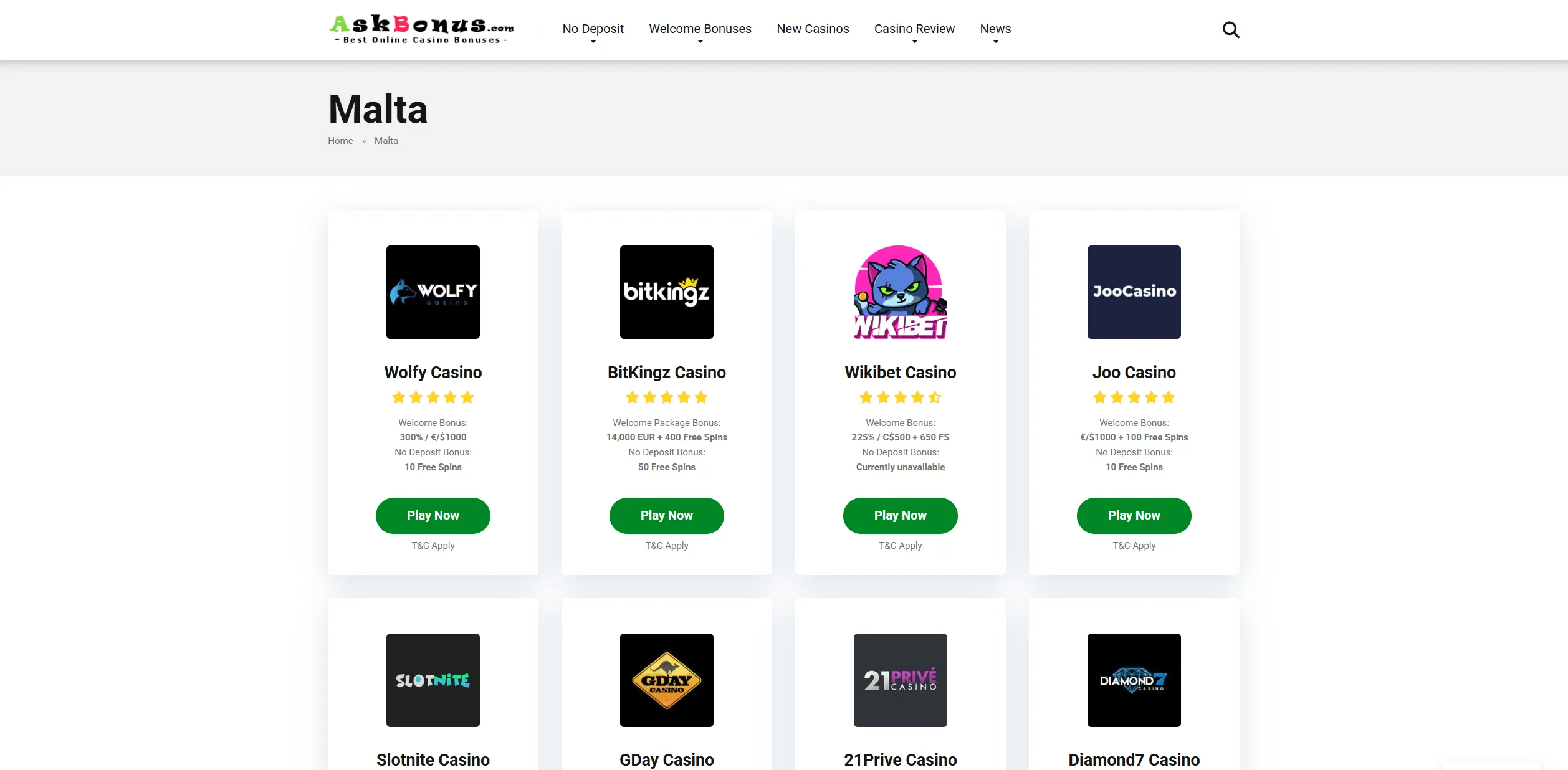 Screenshot of Askbonus.com – TOP Malta No Deposit Online Casinos