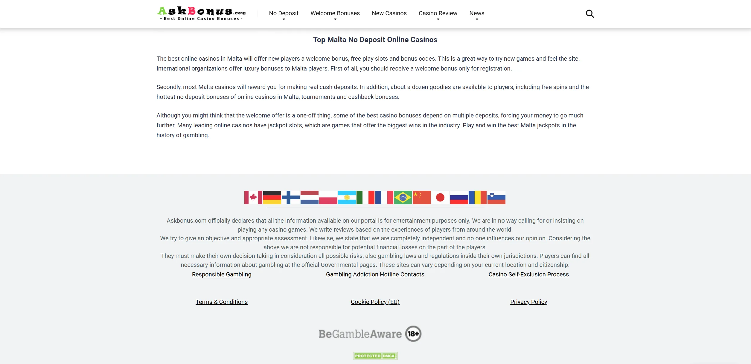 Screenshot of Askbonus.com – TOP Malta No Deposit Online Casinos