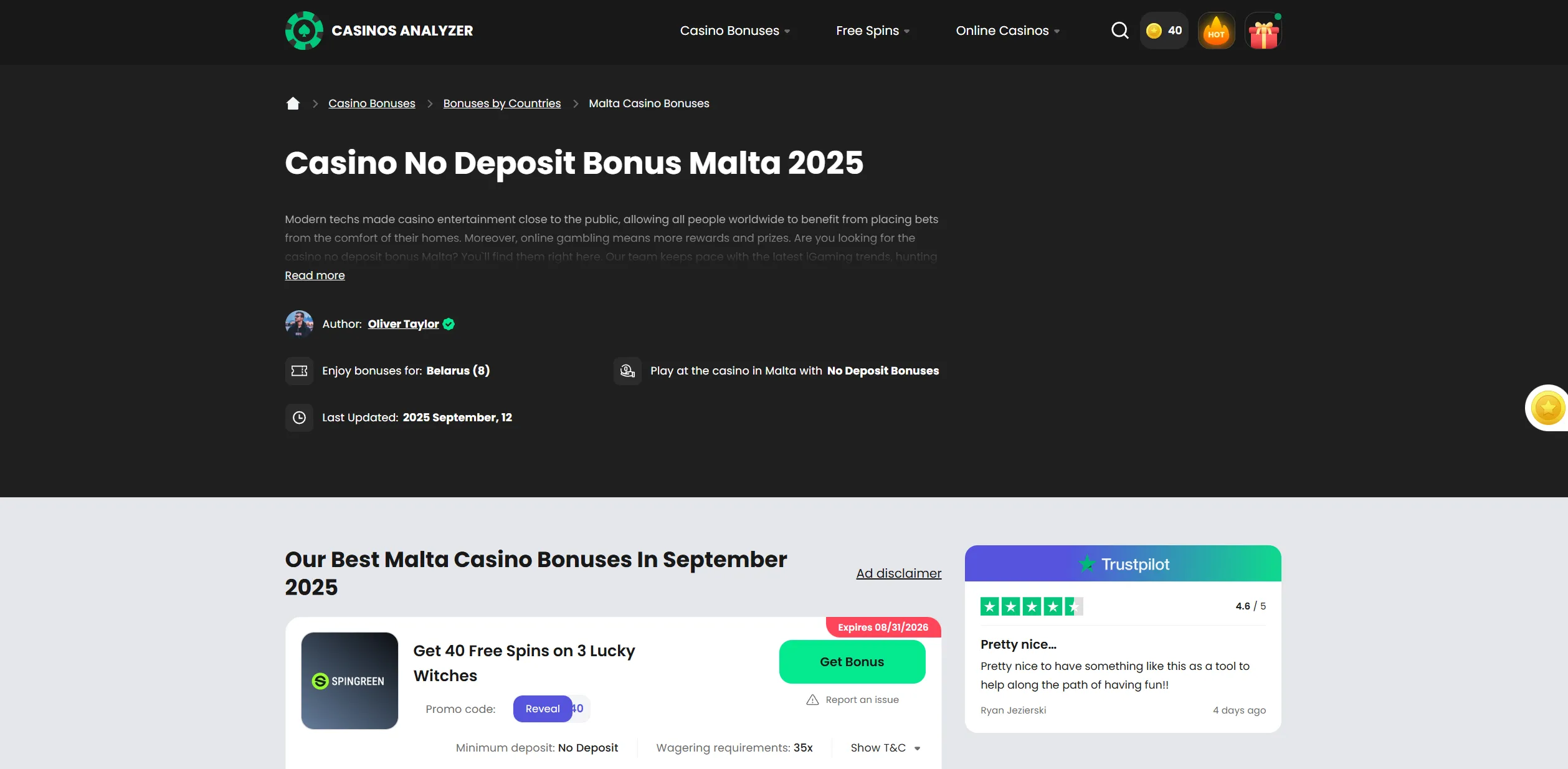 Screenshot of Casinosanalyzer.com - Denar (MKD) Casinos - Online Casinos that Accepts Denar 2025