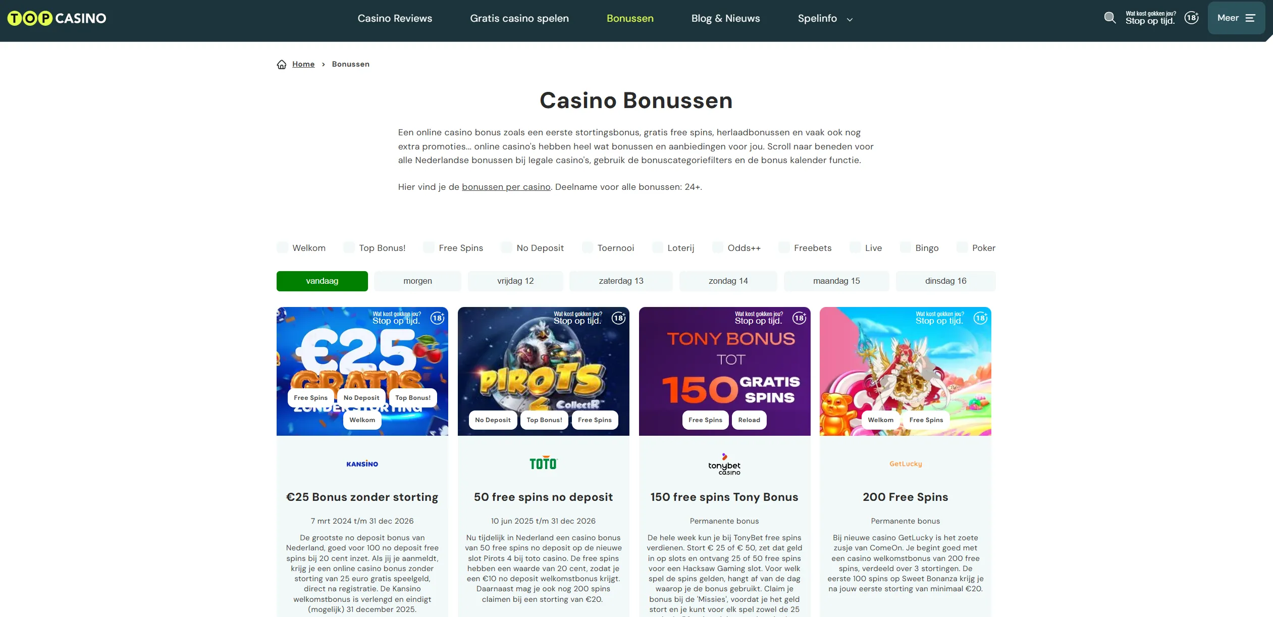 Screenshot of Top-casino.nl — All Casino Bonuses in the Netherlands for 24+ – TopCasino