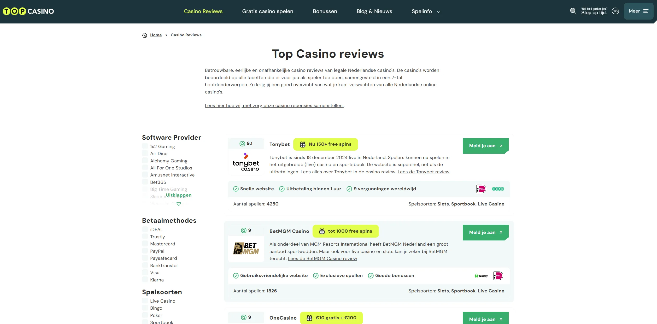 Screenshot of Top-casino.nl — All Casino Bonuses in the Netherlands for 24+ – TopCasino