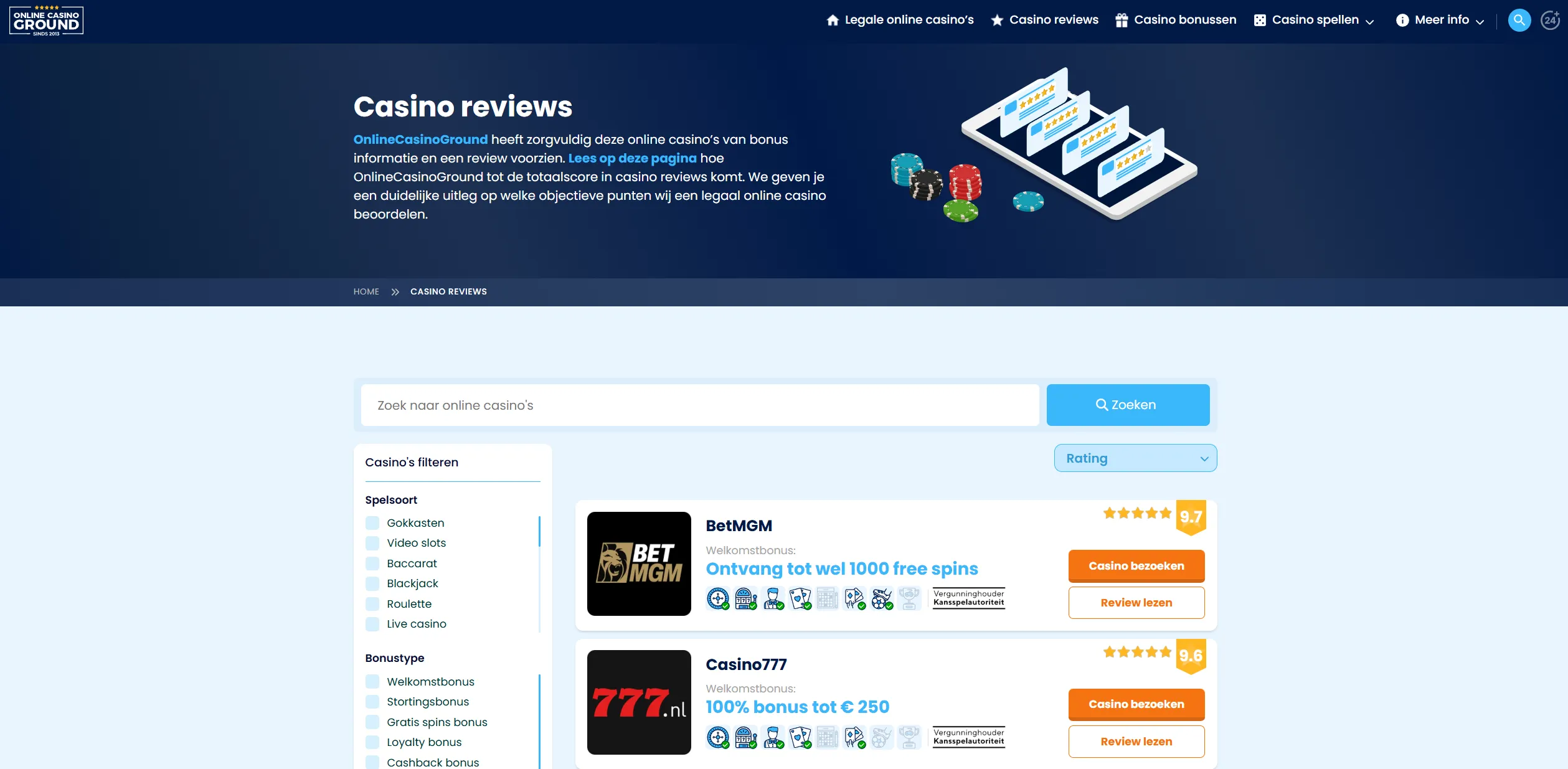 Screenshot of Onlinecasinoground.nl — Casino Bonus – Best Online Casino Bonuses!